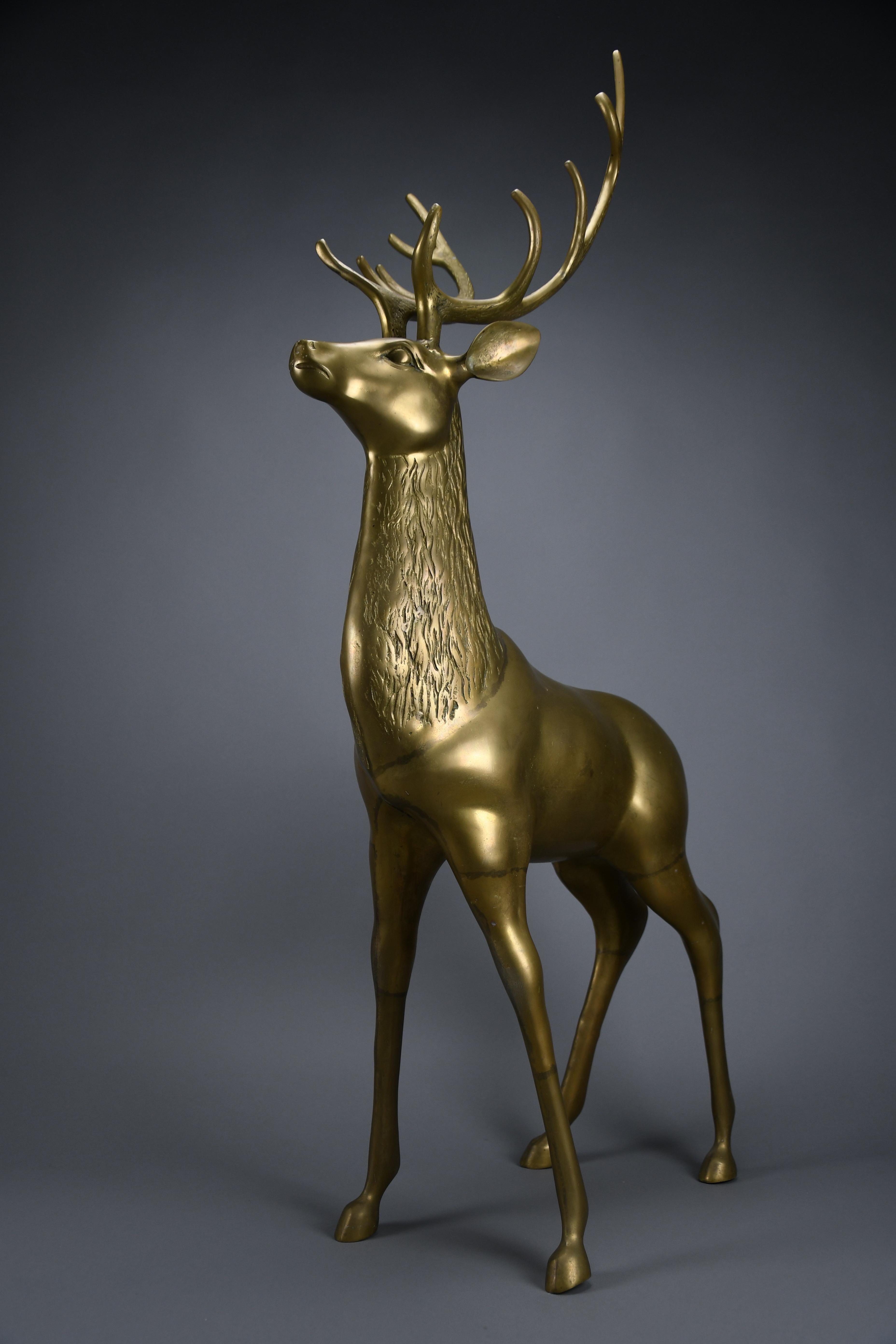 Monumental 1970's Hollywood Regency brass deer pair attributed to Maison Jansen For Sale 2