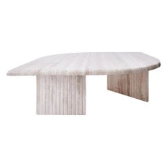 Monumental 1970s Italian Travertine Coffee Table with Fluted Bases