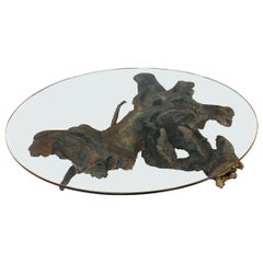 Monumental 1970s Natural Freeform Wood Round Glass Top Coffee Table