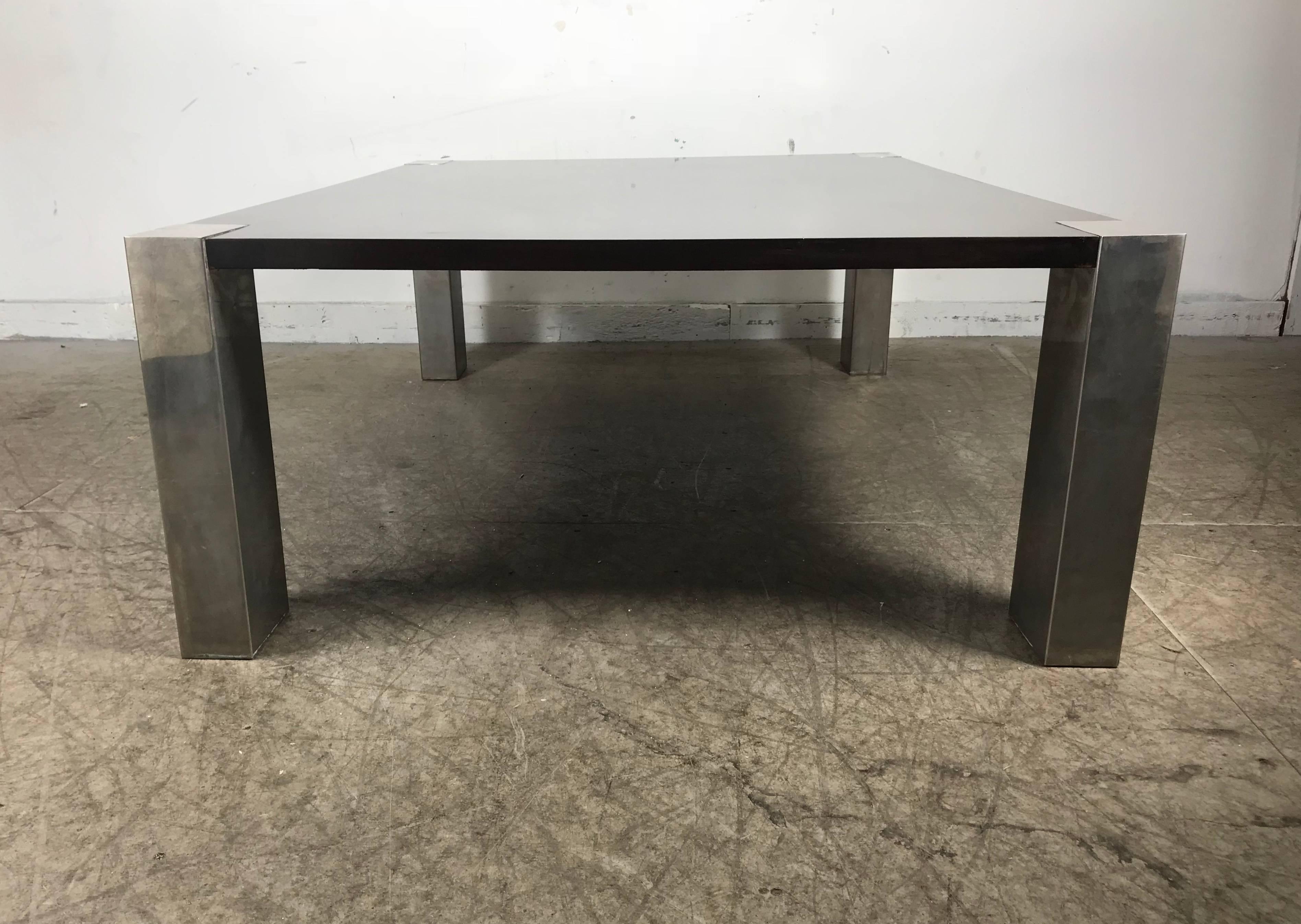 Monumental 1970s stainless steel and wood coffee table, attributed to Pace Collection.