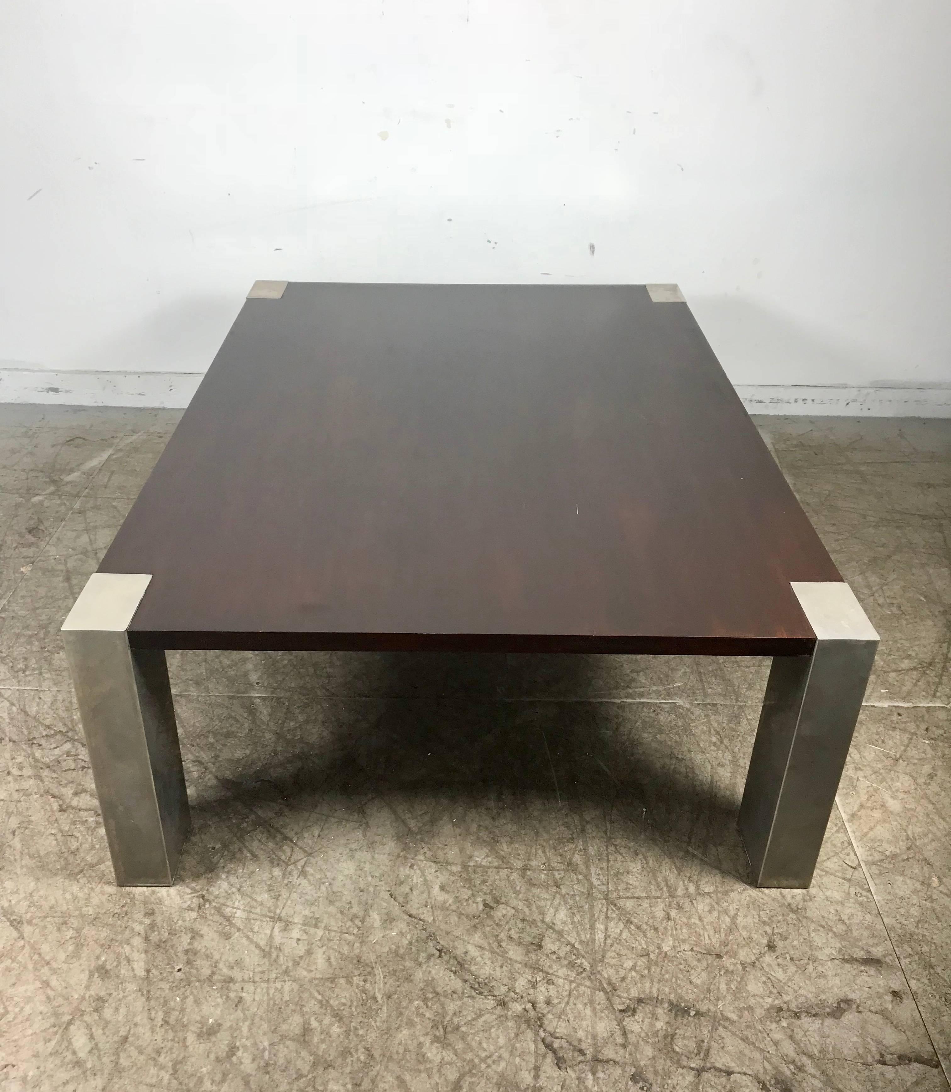 Post-Modern Monumental 1970s Stainless Steel and Wood Coffee Table For Sale