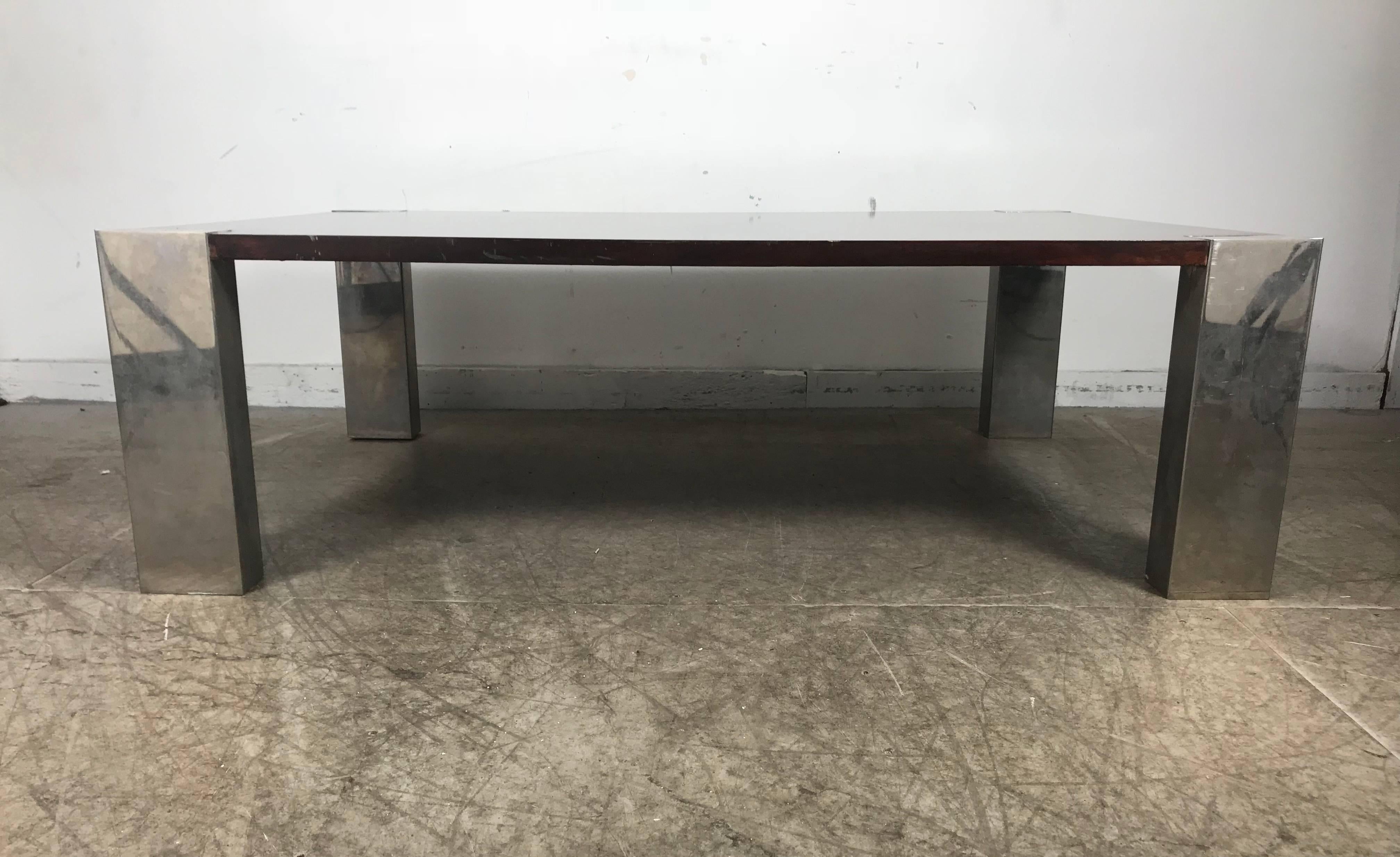 American Monumental 1970s Stainless Steel and Wood Coffee Table For Sale