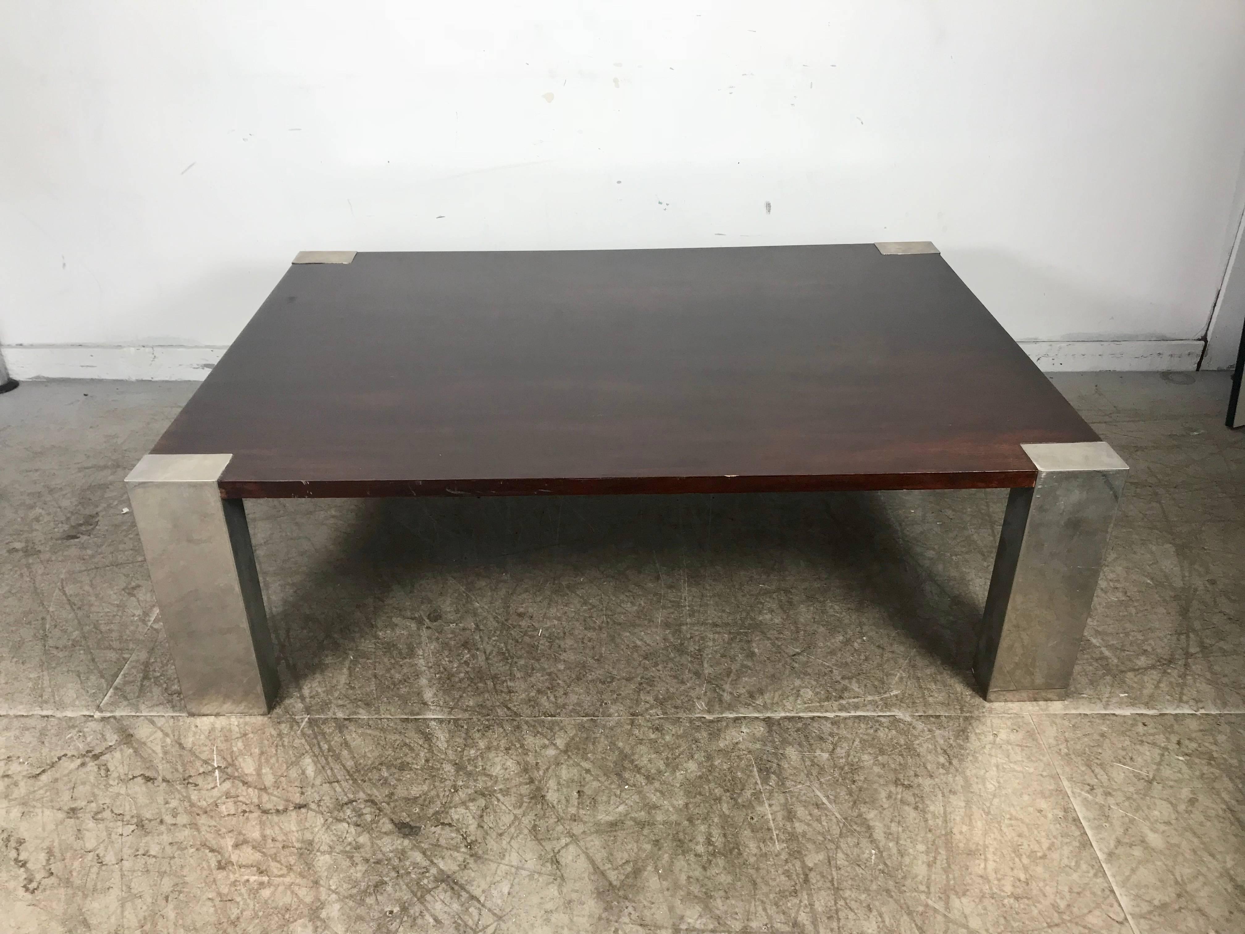 Monumental 1970s Stainless Steel and Wood Coffee Table In Good Condition For Sale In Buffalo, NY