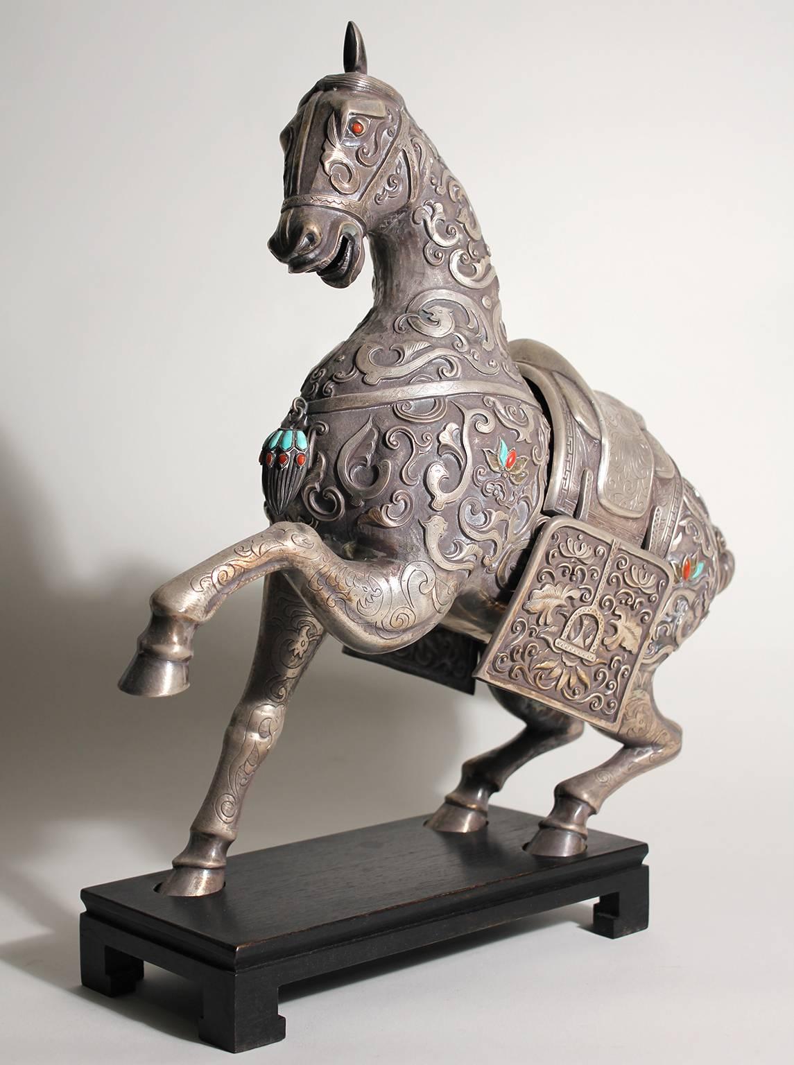 Monumental 19th century Chinese sterling silver horse statue sculpture censer. Weighs 44.95 troy ounces or 1398 grams of .925 sterling silver. Has the original wood stand. The horse figurine has inlaid natural turquoise and coral pieces as