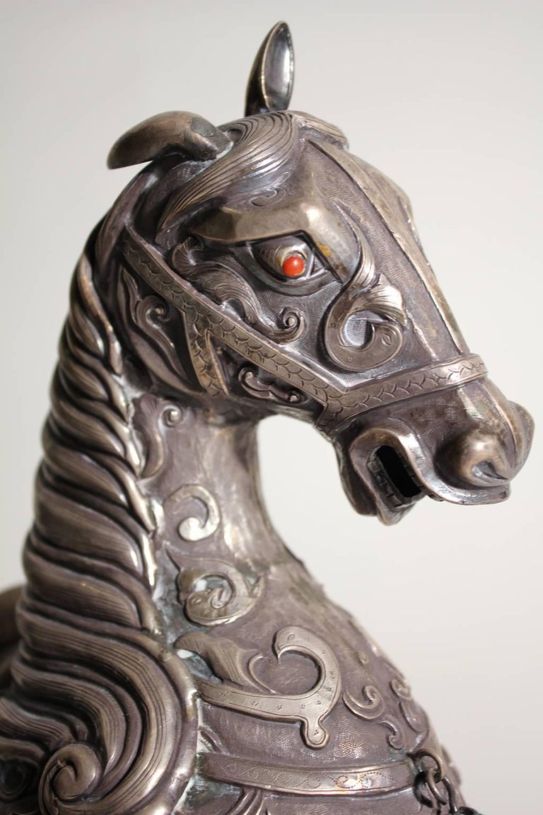 Monumental 19th Century Chinese Sterling Silver Horse Sculpture Censer