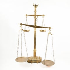 Monumental 19th C French Brass Butcher’s Scale w Bulls Head & Quad Weighing Pans