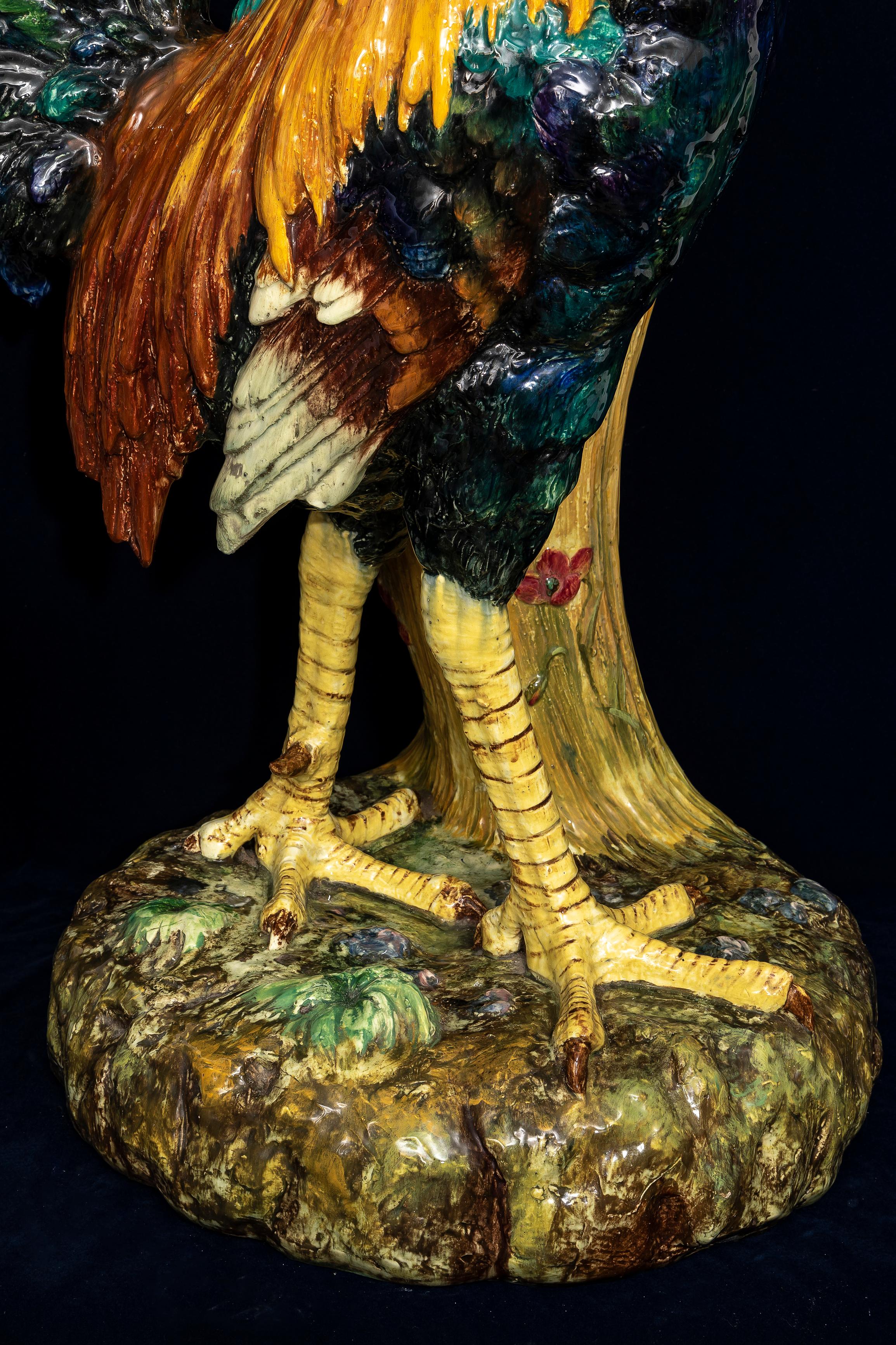 Monumental 19th C. French Hand-Painted Majolica Rooster Vase, by Jerome Massier For Sale 4