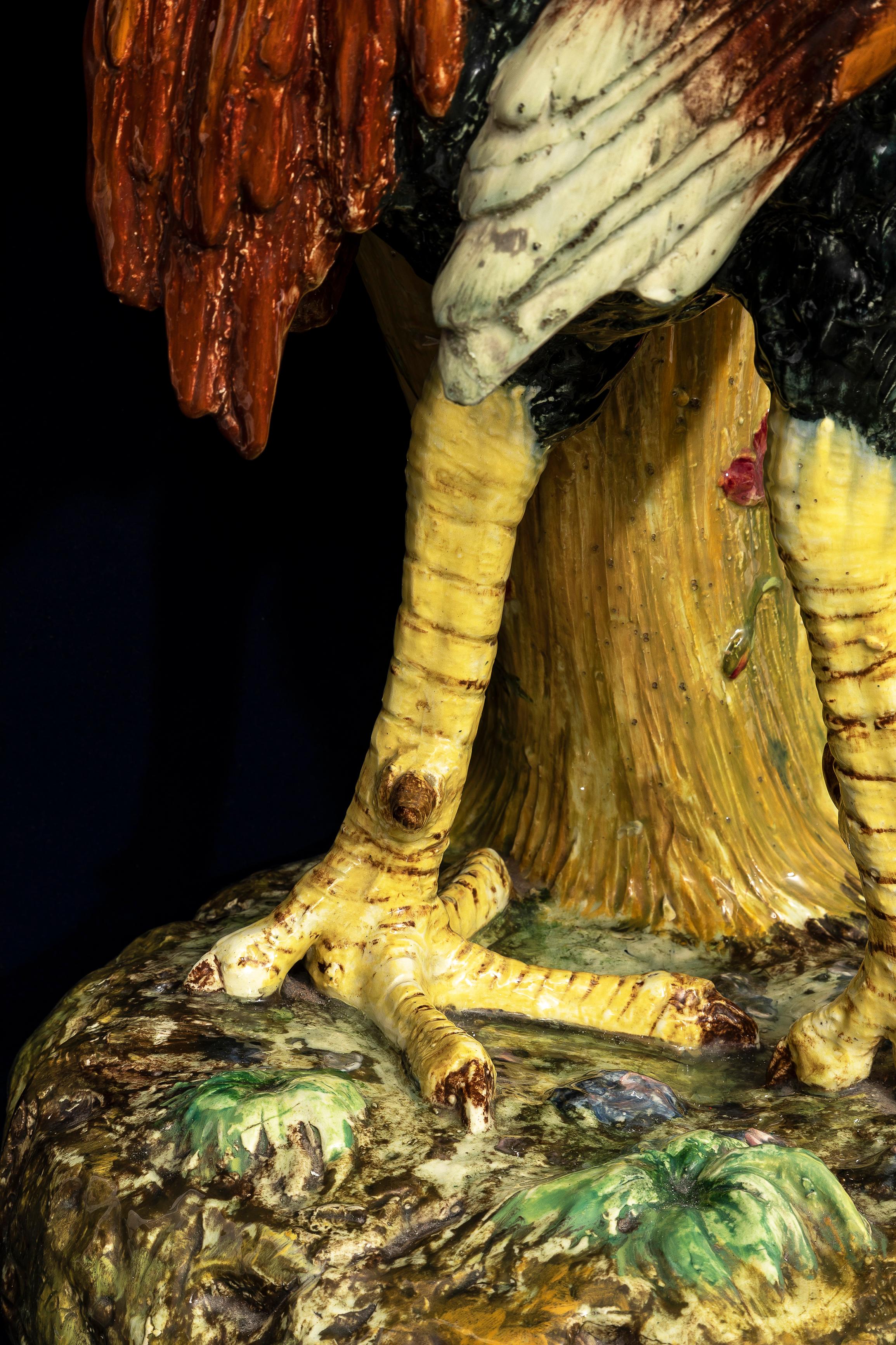 Monumental 19th C. French Hand-Painted Majolica Rooster Vase, by Jerome Massier For Sale 5