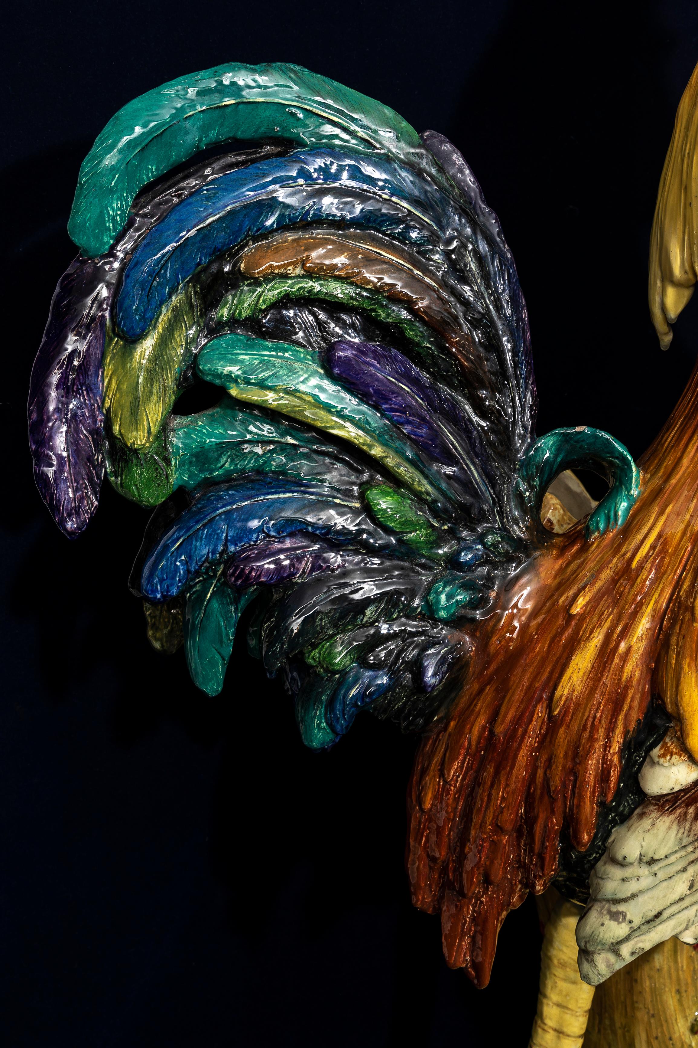 Monumental 19th C. French Hand-Painted Majolica Rooster Vase, by Jerome Massier For Sale 6