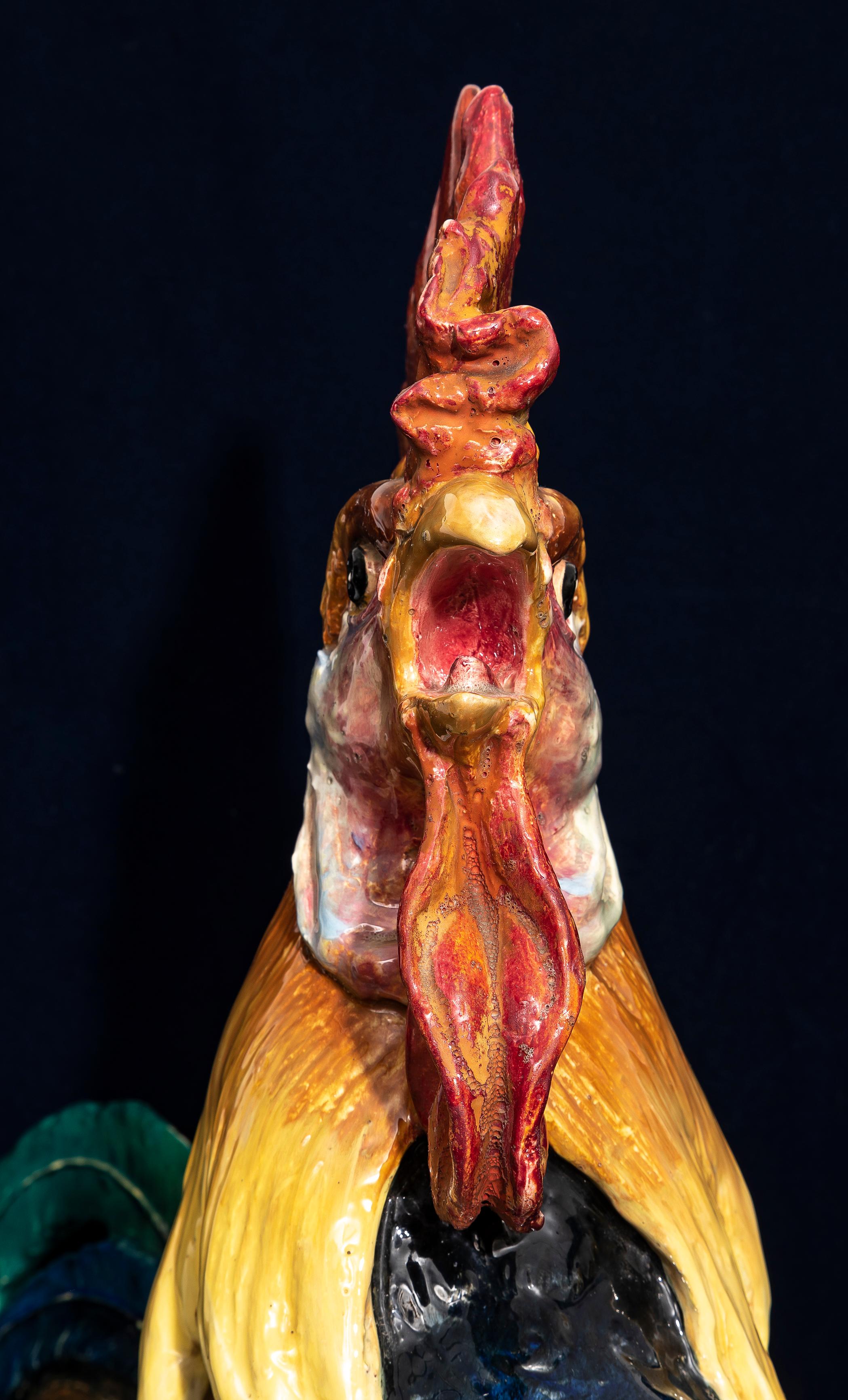 Monumental 19th C. French Hand-Painted Majolica Rooster Vase, by Jerome Massier For Sale 7