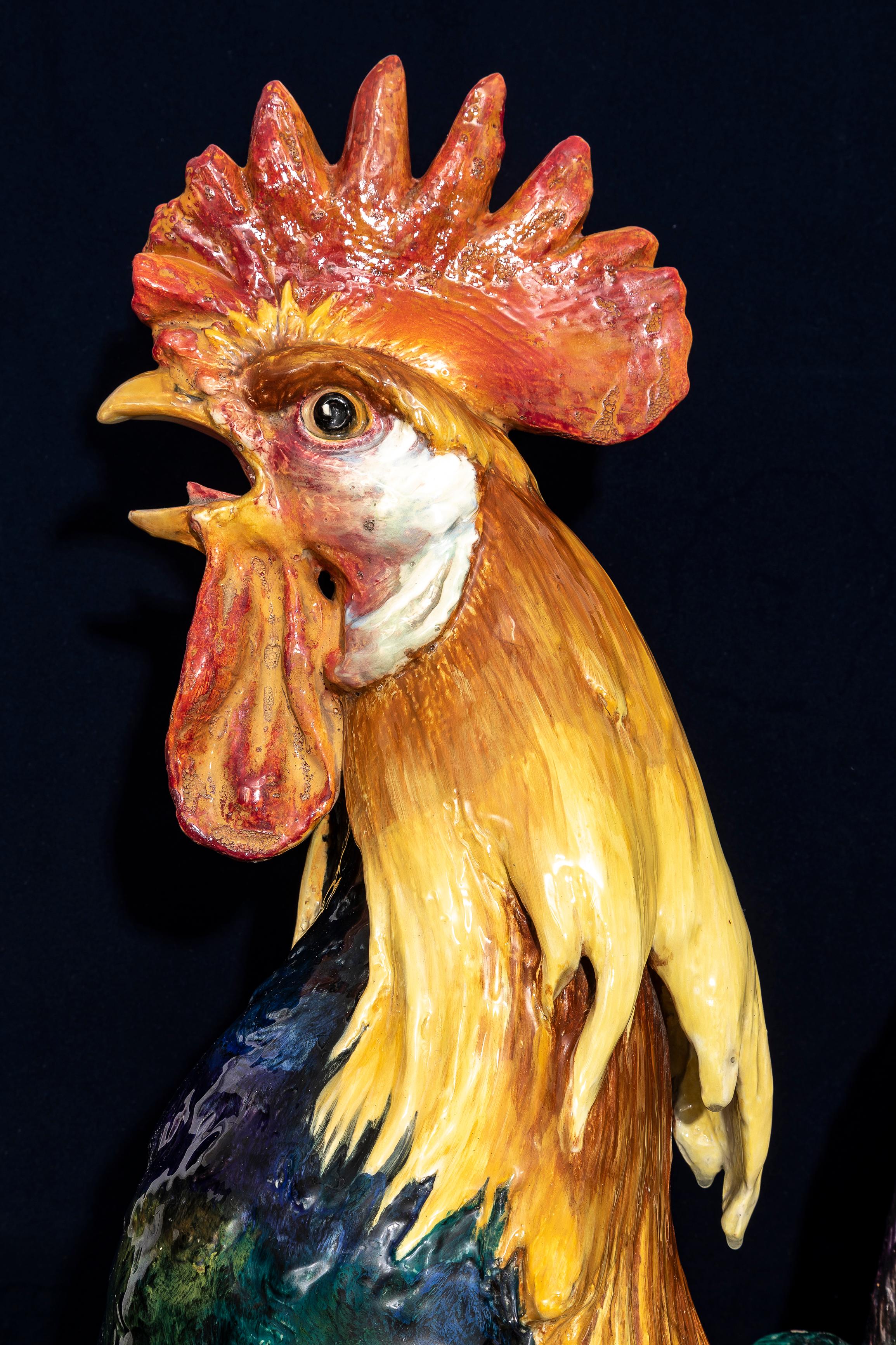 Monumental 19th C. French Hand-Painted Majolica Rooster Vase, by Jerome Massier For Sale 8