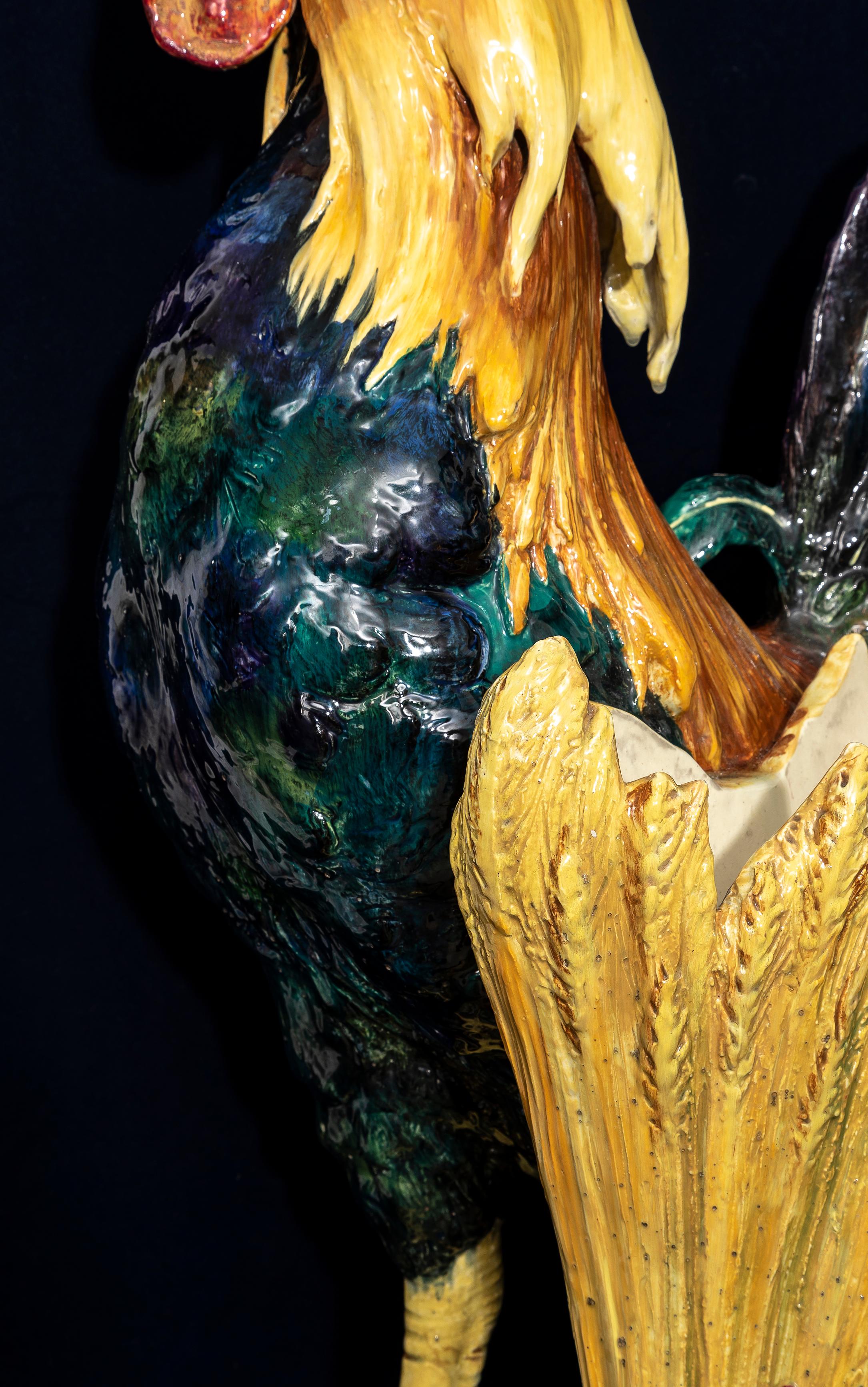 Monumental 19th C. French Hand-Painted Majolica Rooster Vase, by Jerome Massier For Sale 9