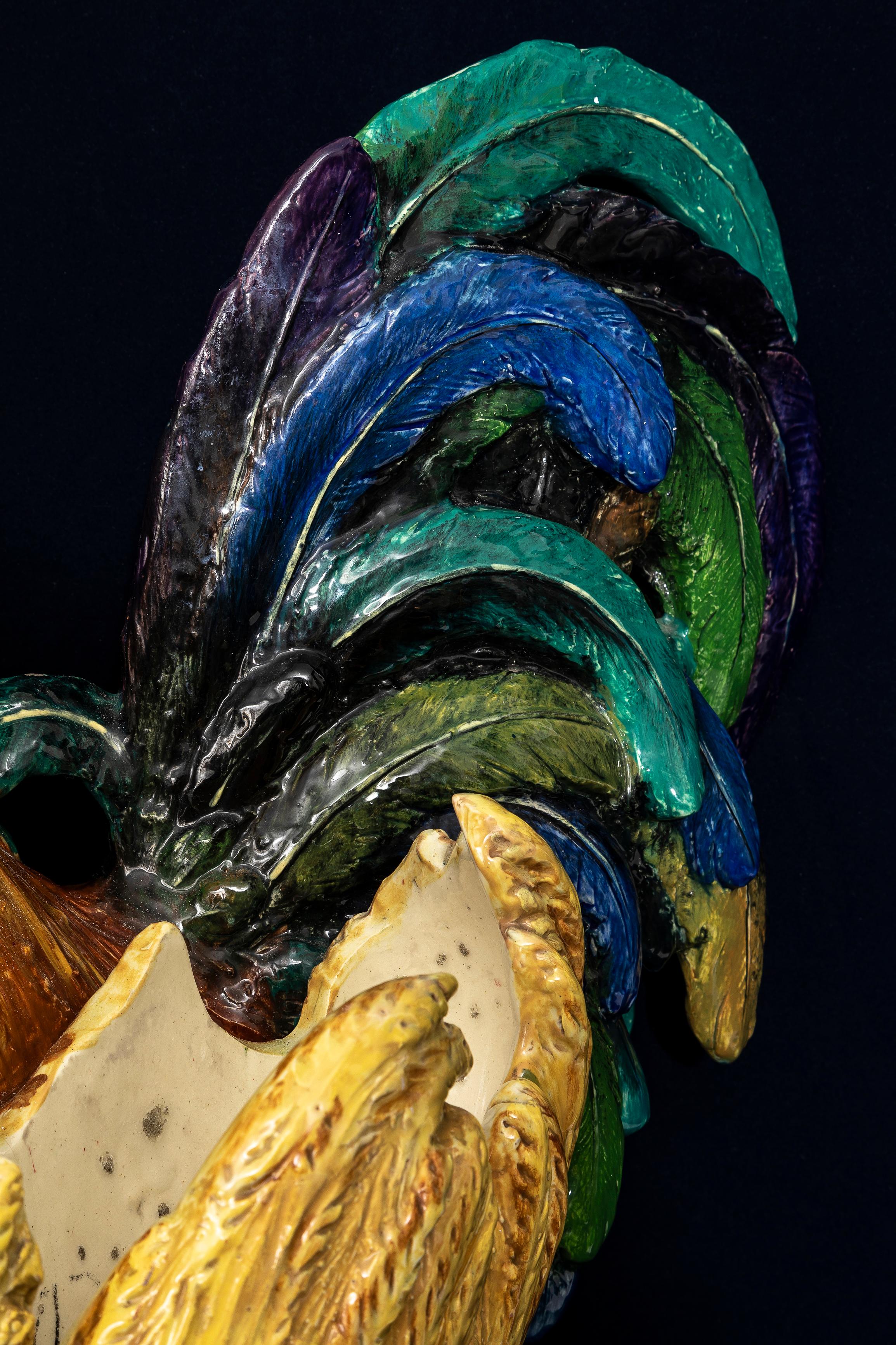 Monumental 19th C. French Hand-Painted Majolica Rooster Vase, by Jerome Massier For Sale 10