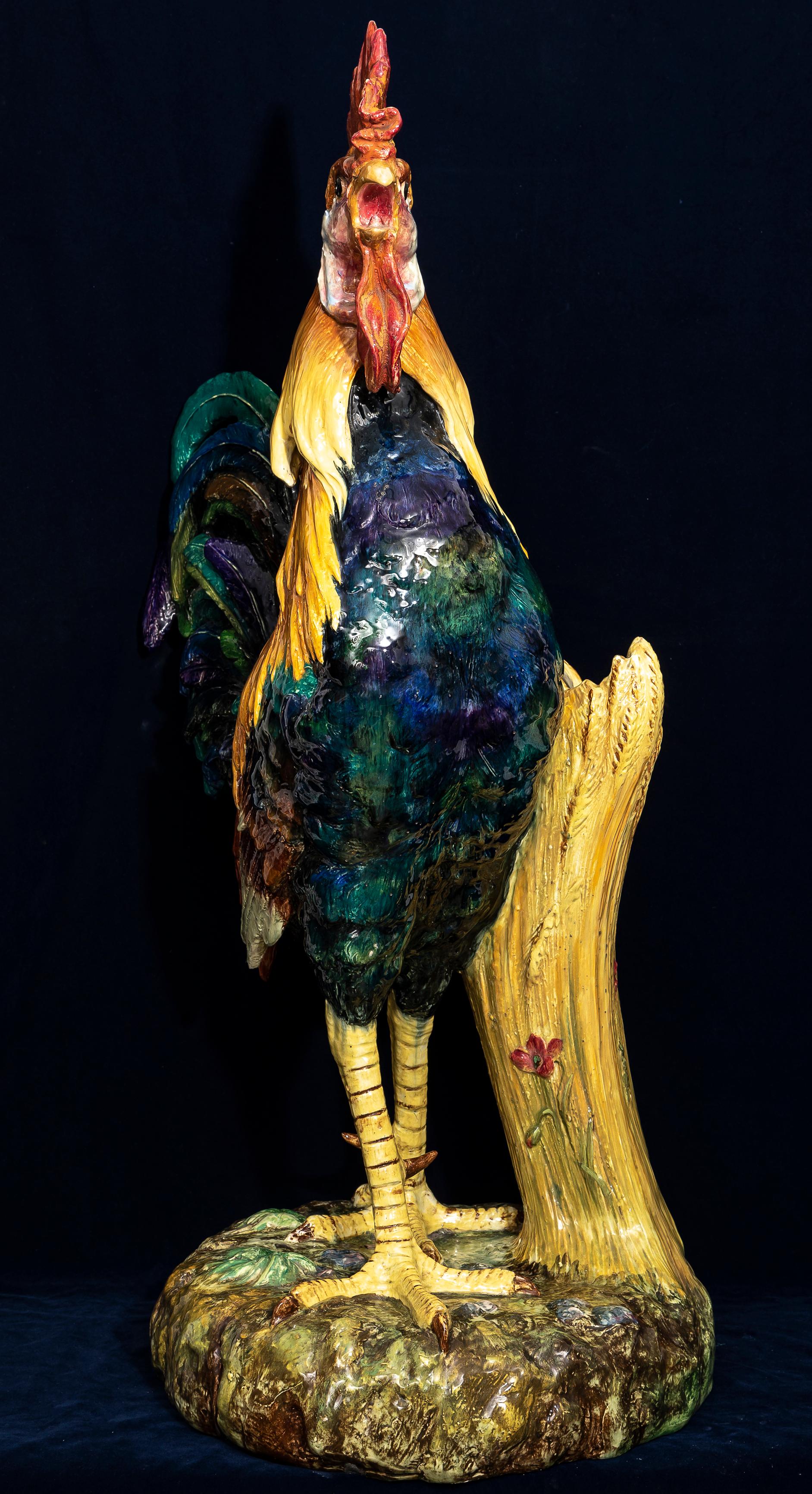 Rococo Monumental 19th C. French Hand-Painted Majolica Rooster Vase, by Jerome Massier For Sale