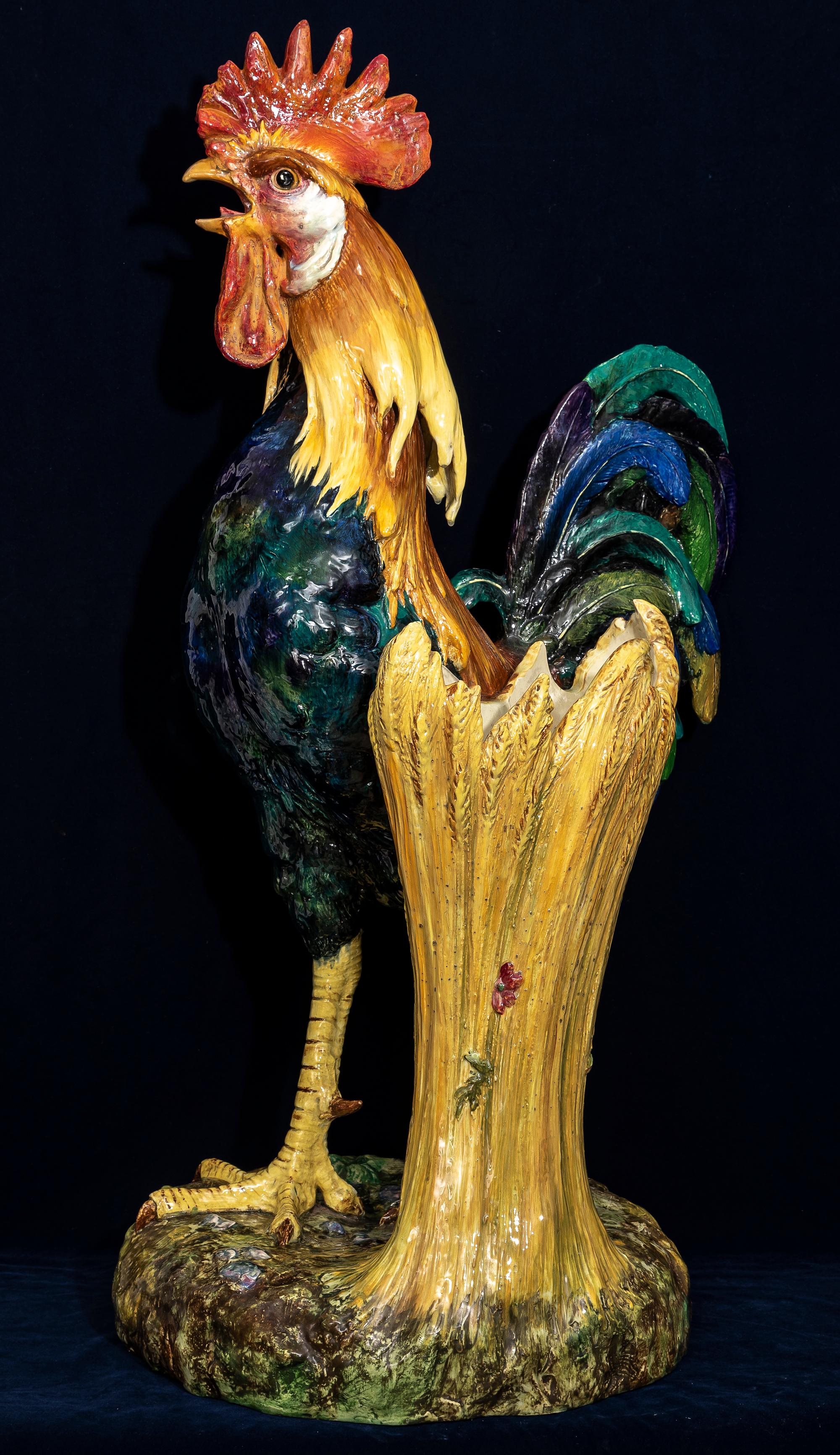 Enameled Monumental 19th C. French Hand-Painted Majolica Rooster Vase, by Jerome Massier For Sale