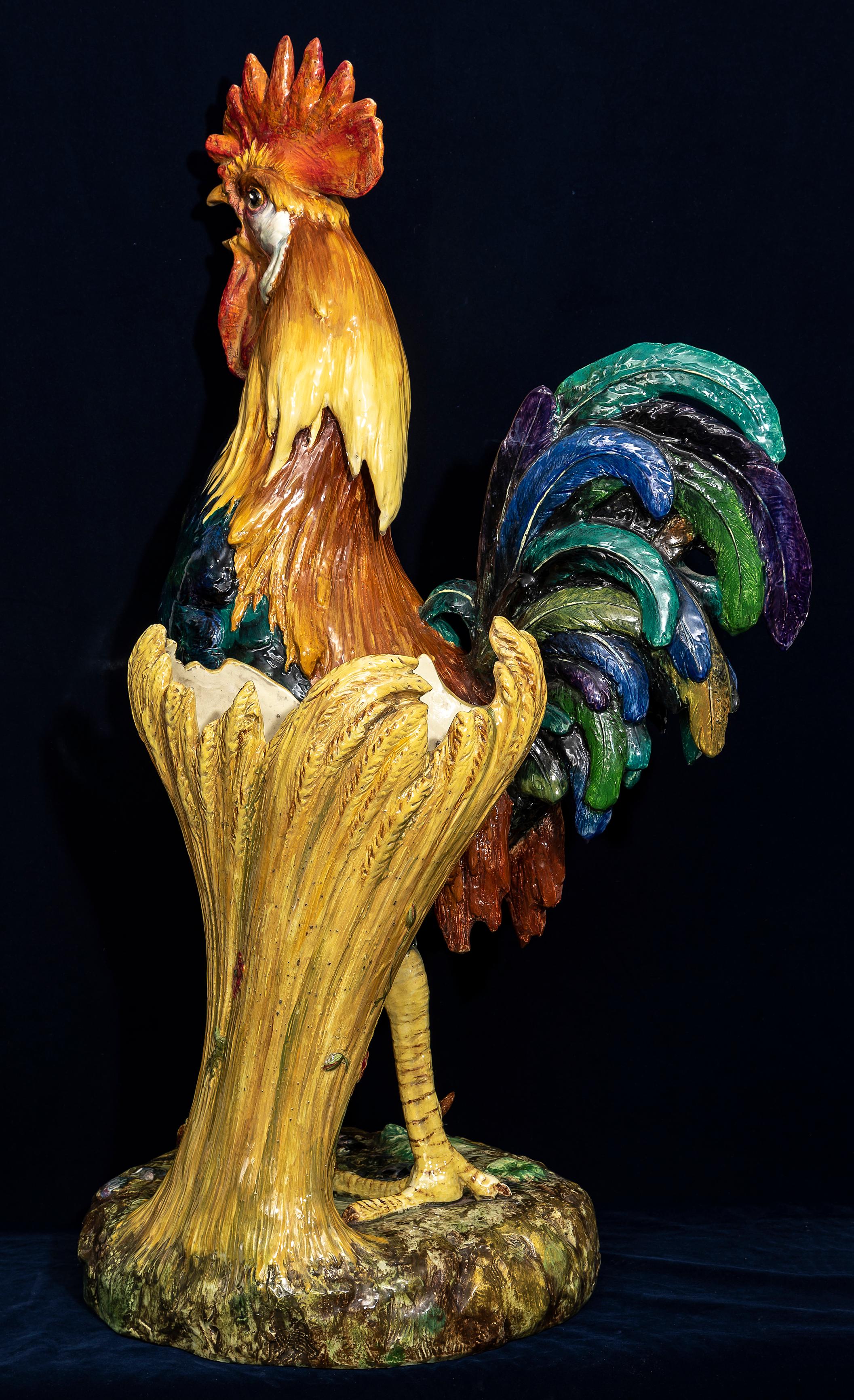 Monumental 19th C. French Hand-Painted Majolica Rooster Vase, by Jerome Massier In Good Condition For Sale In New York, NY
