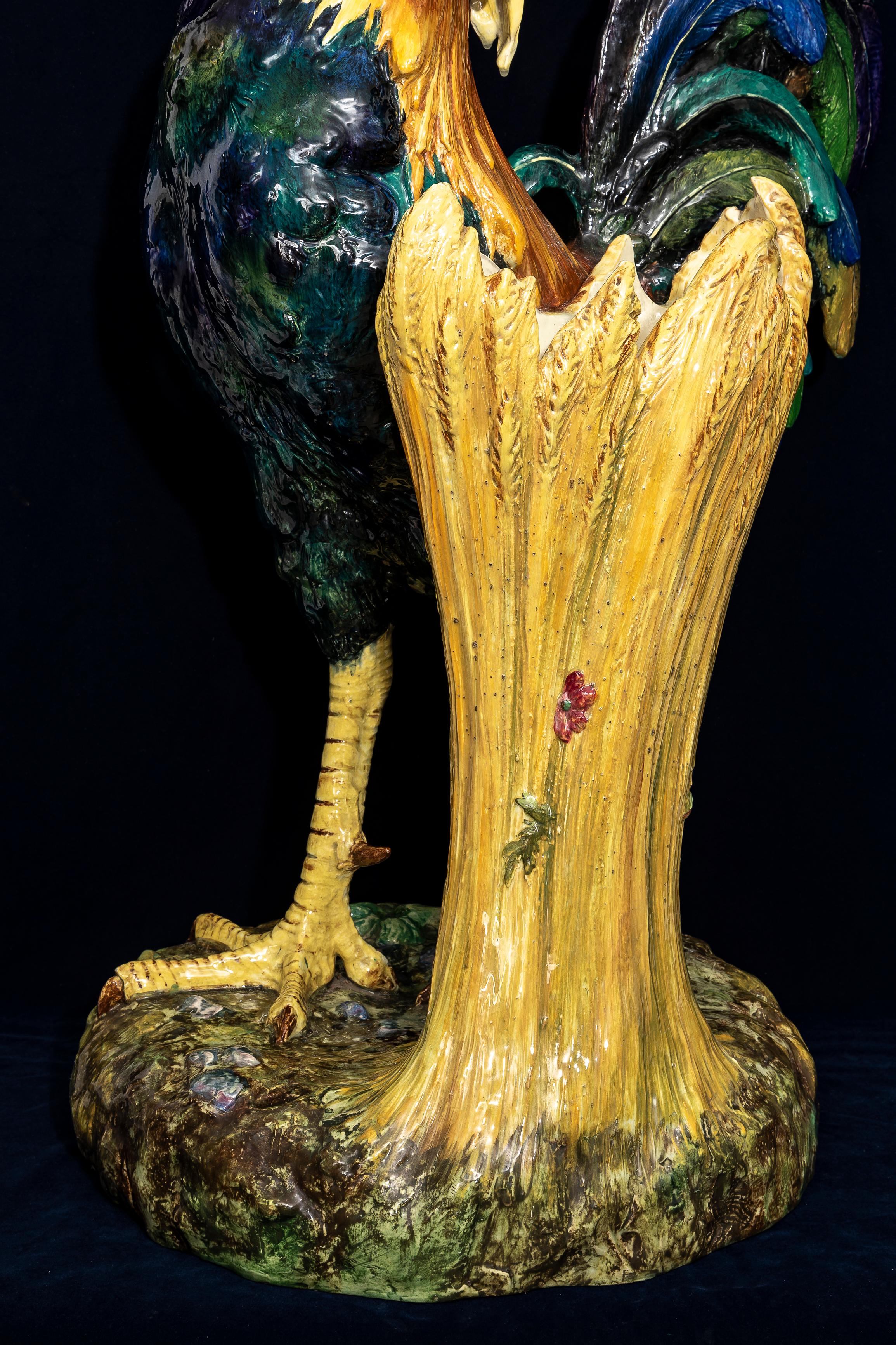 Monumental 19th C. French Hand-Painted Majolica Rooster Vase, by Jerome Massier For Sale 1