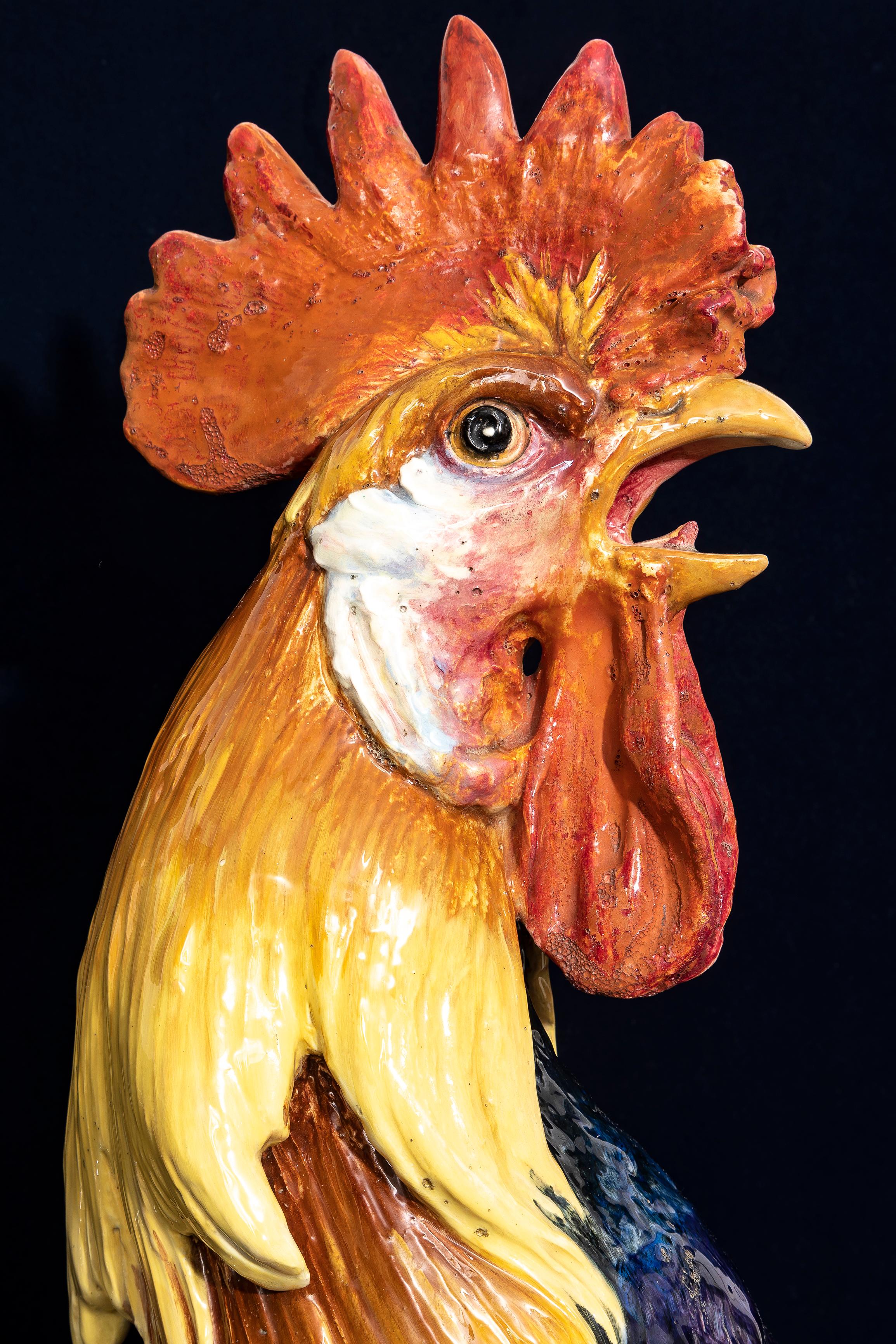 Monumental 19th C. French Hand-Painted Majolica Rooster Vase, by Jerome Massier For Sale 2