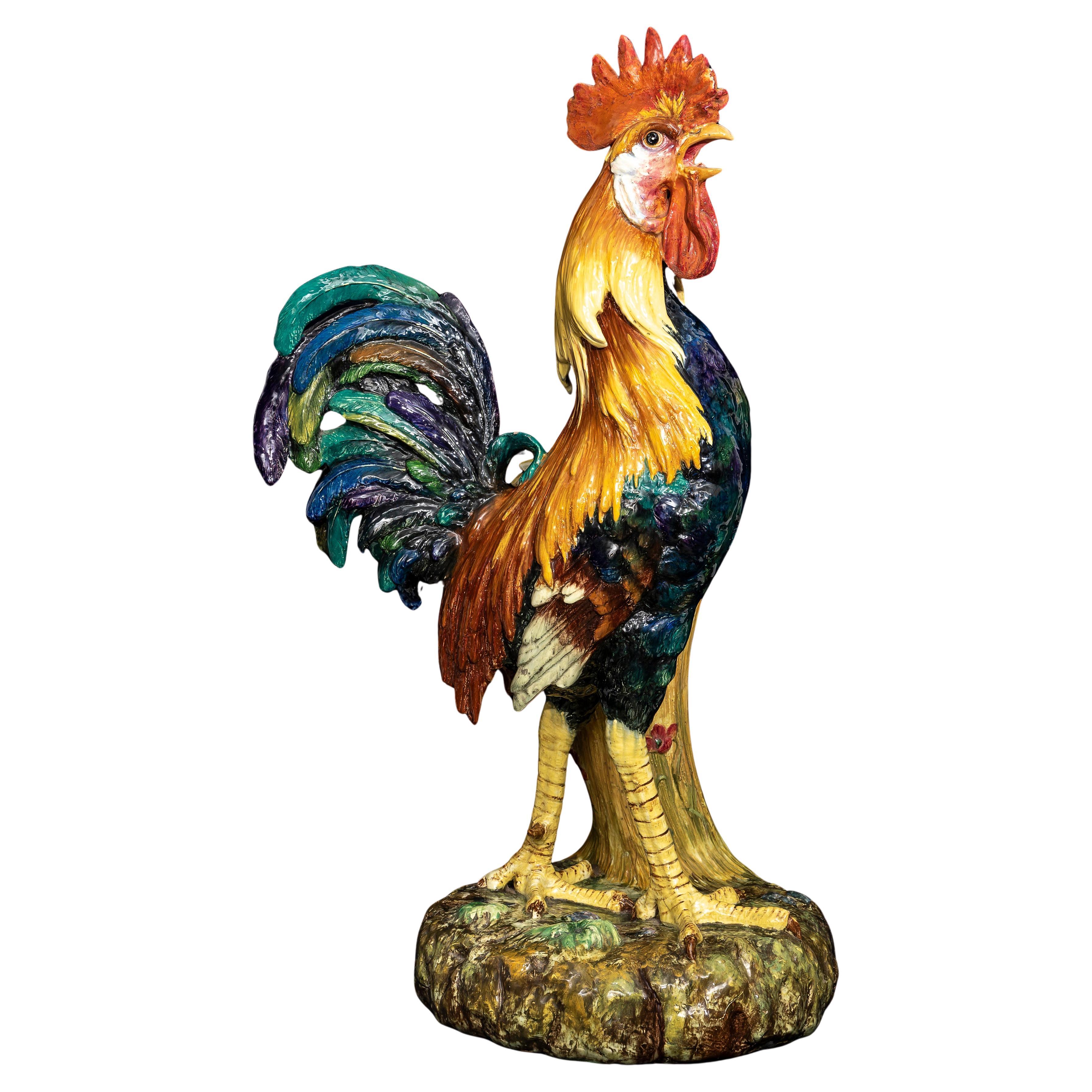 Monumental 19th C. French Hand-Painted Majolica Rooster Vase, by Jerome Massier For Sale