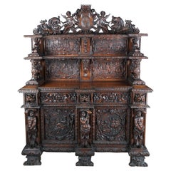 Monumental 19th C. Italian Renaissance Figural Carved Walnut Sideboard Buffet