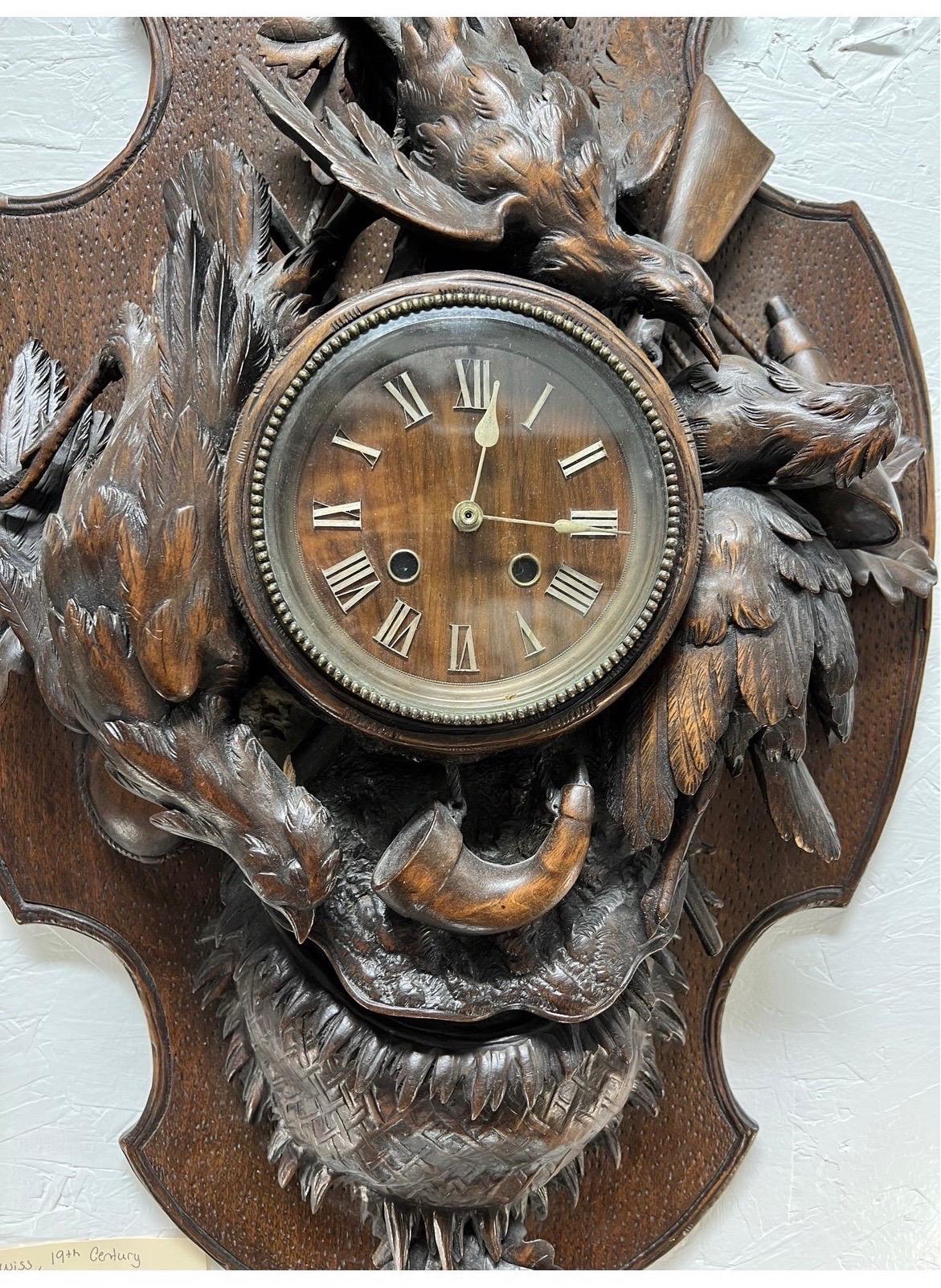 Monumental 19th Century Black Forest Carved “Spoils of the Hunt” Wall Clock In Good Condition For Sale In Atlanta, GA