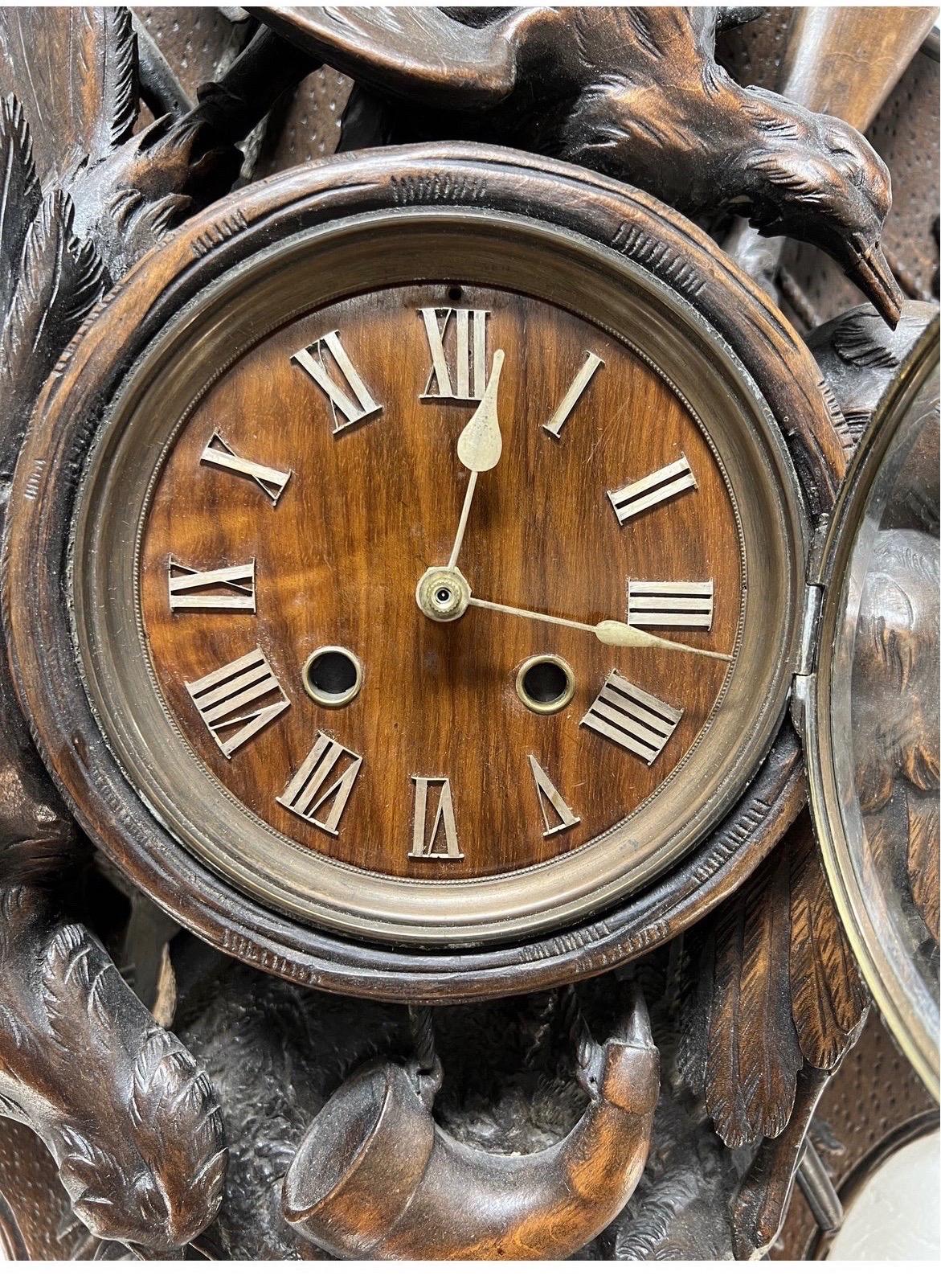 Brass Monumental 19th Century Black Forest Carved “Spoils of the Hunt” Wall Clock For Sale