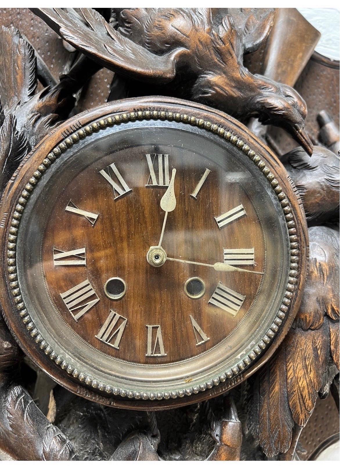 Monumental 19th Century Black Forest Carved “Spoils of the Hunt” Wall Clock For Sale 1