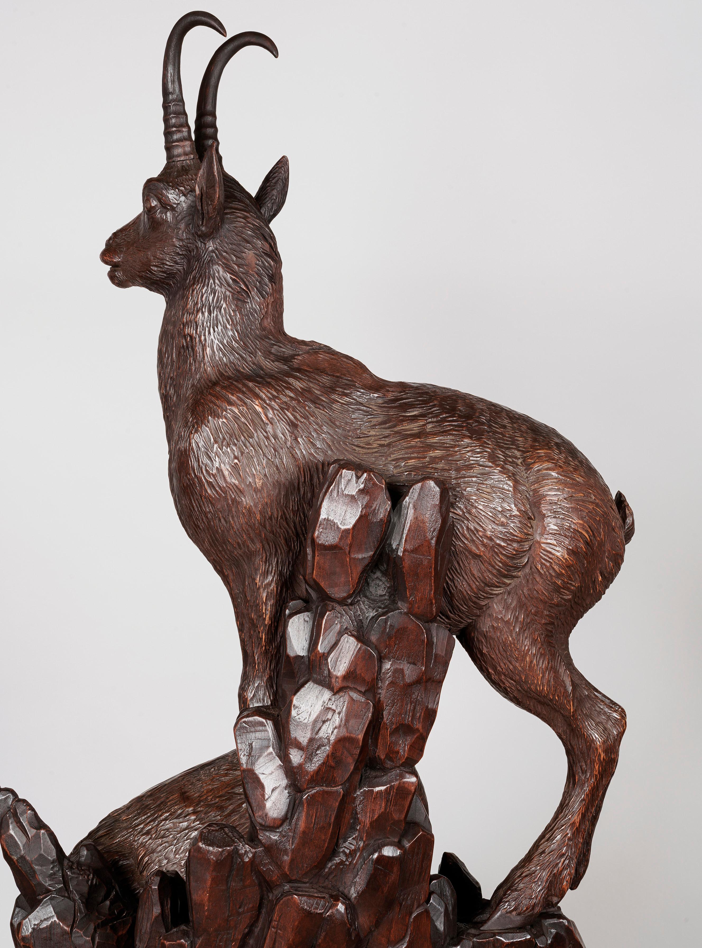 Hand-Carved Monumental 19th Century 'Black Forest' Carving of Alpine Mountain Goats