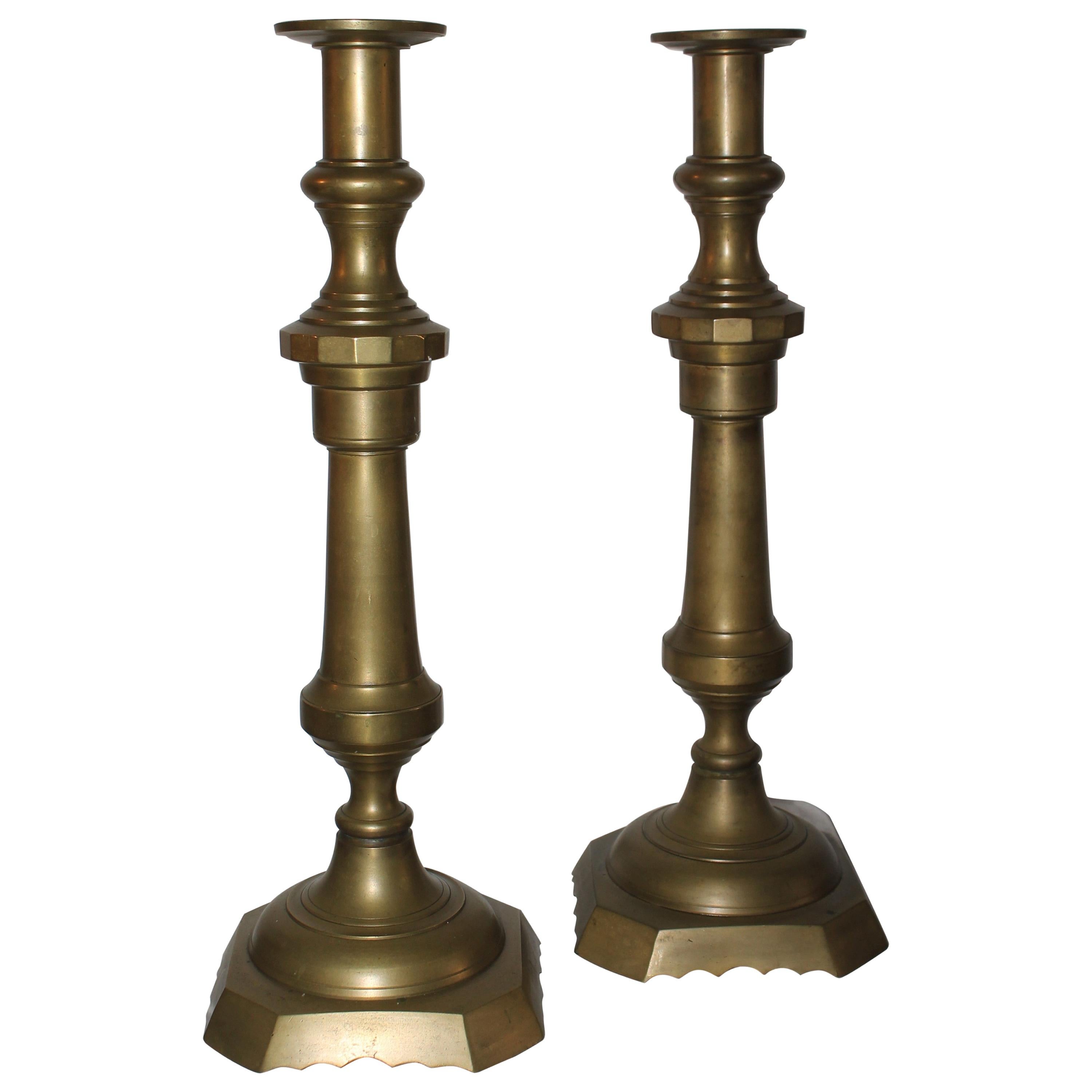 Monumental 19th Century Brass Candlestick Holders, Pair