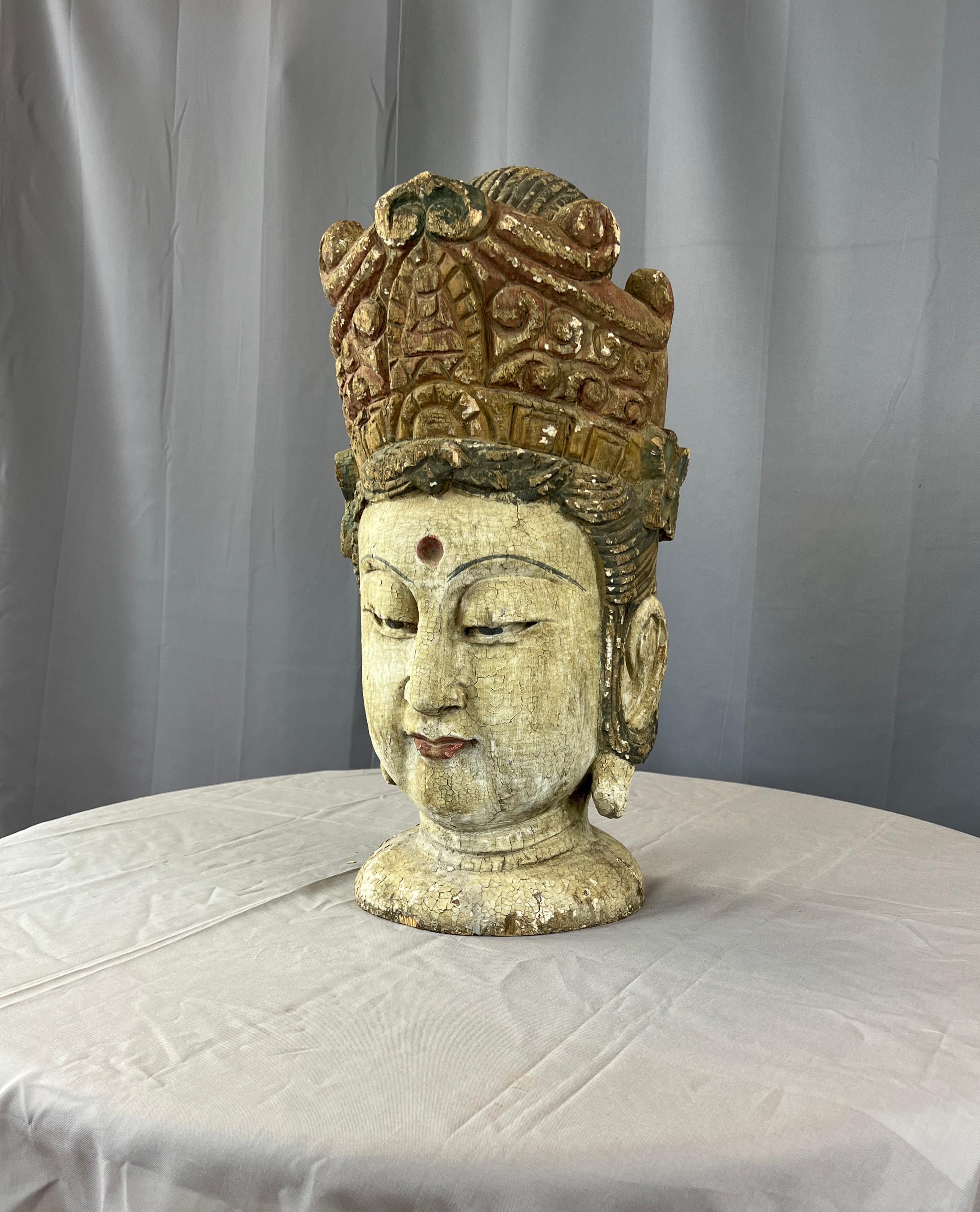 Monumental 19th Century Carved Wood Quan Yin 'Kuan Yin or Guan Yin' Bust For Sale 14