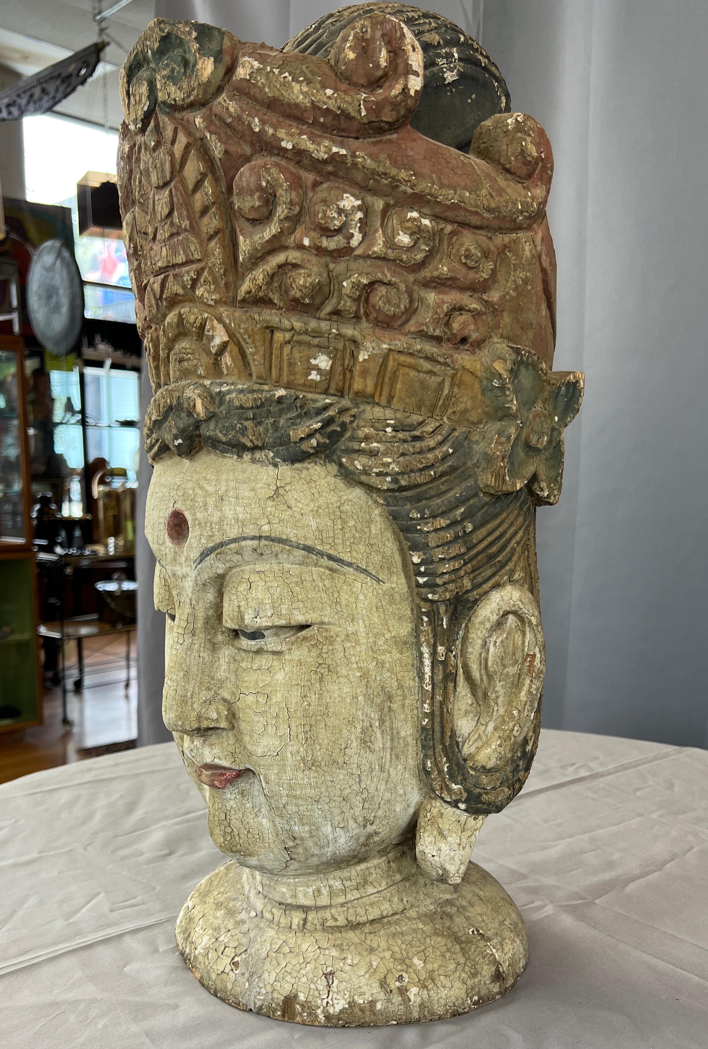 Qing Monumental 19th Century Carved Wood Quan Yin 'Kuan Yin or Guan Yin' Bust For Sale