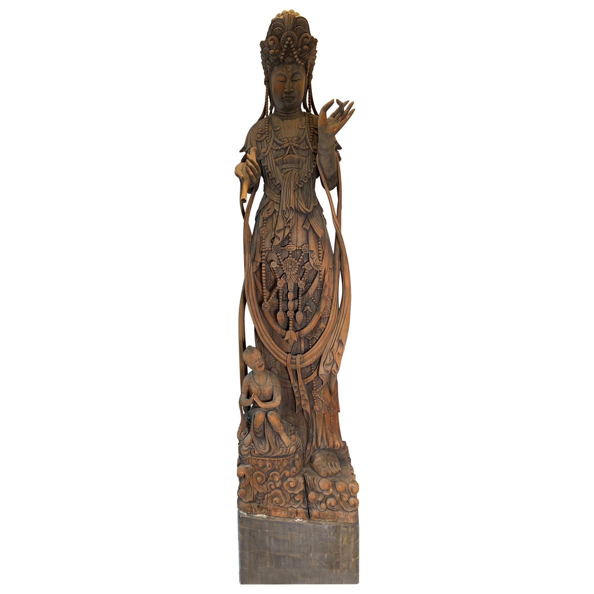 Monumental Early 20th Century Chinese Hand Carved Quan Yin Deity