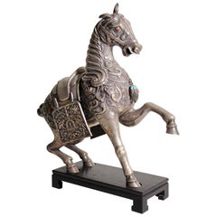 Encensoir monumental chinois du 19ème siècle en argent sterling avec sculpture de cheval, 45 pouces