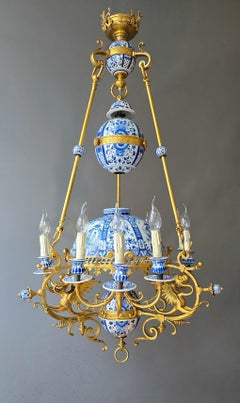 Monumental 19th Century Dutch Delftware and Gilt Bronze Chandelier with Griffin