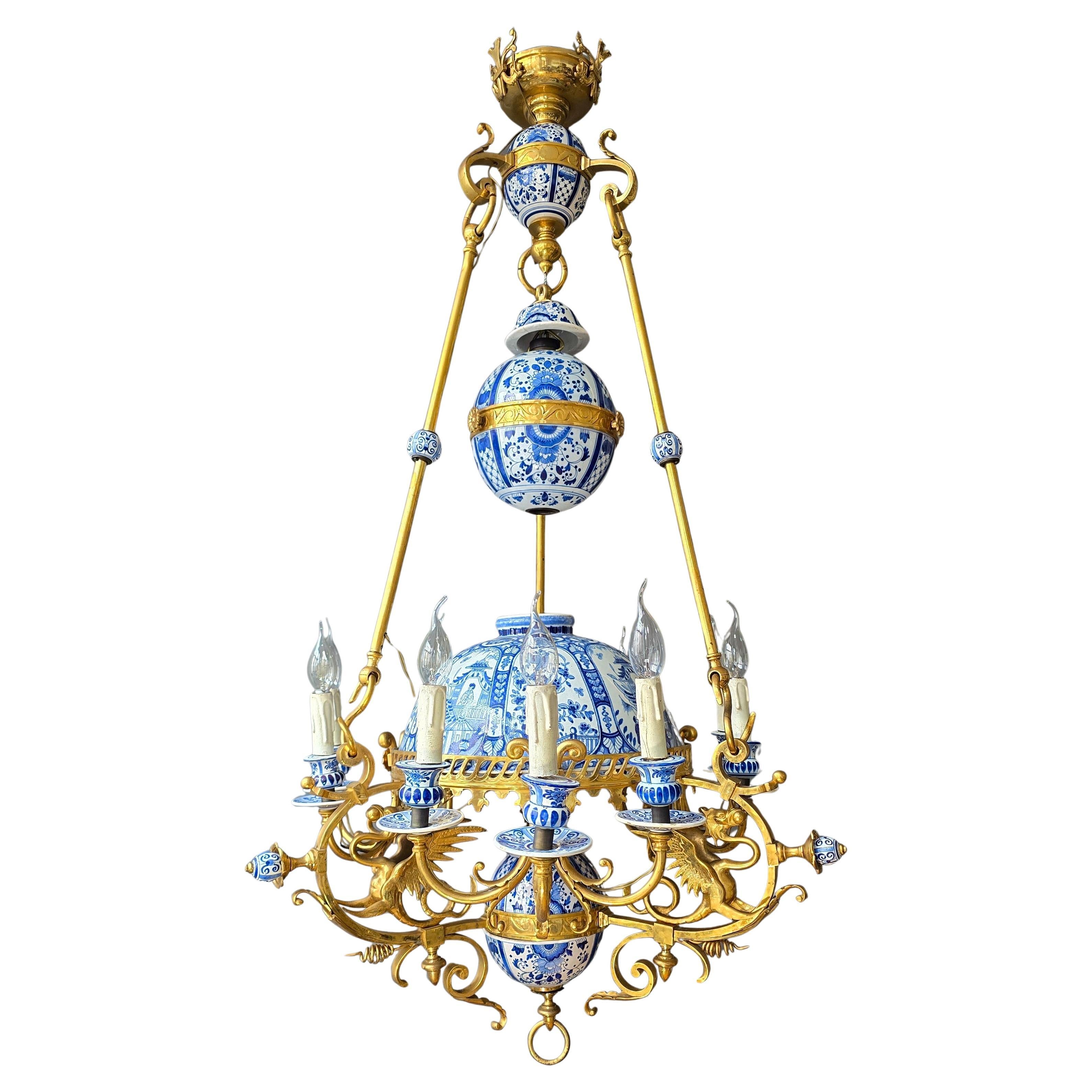 Monumental 19th Century Dutch Delftware and Gilt Bronze Chandelier with Griffin