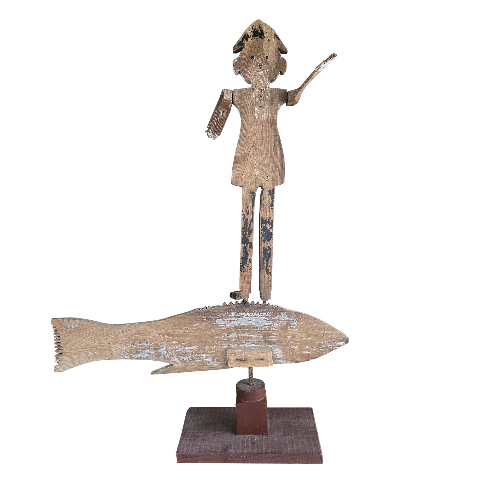 Monumental 19th Century Fisherman Atop Fish Double Whirligig Weather Vane For Sale