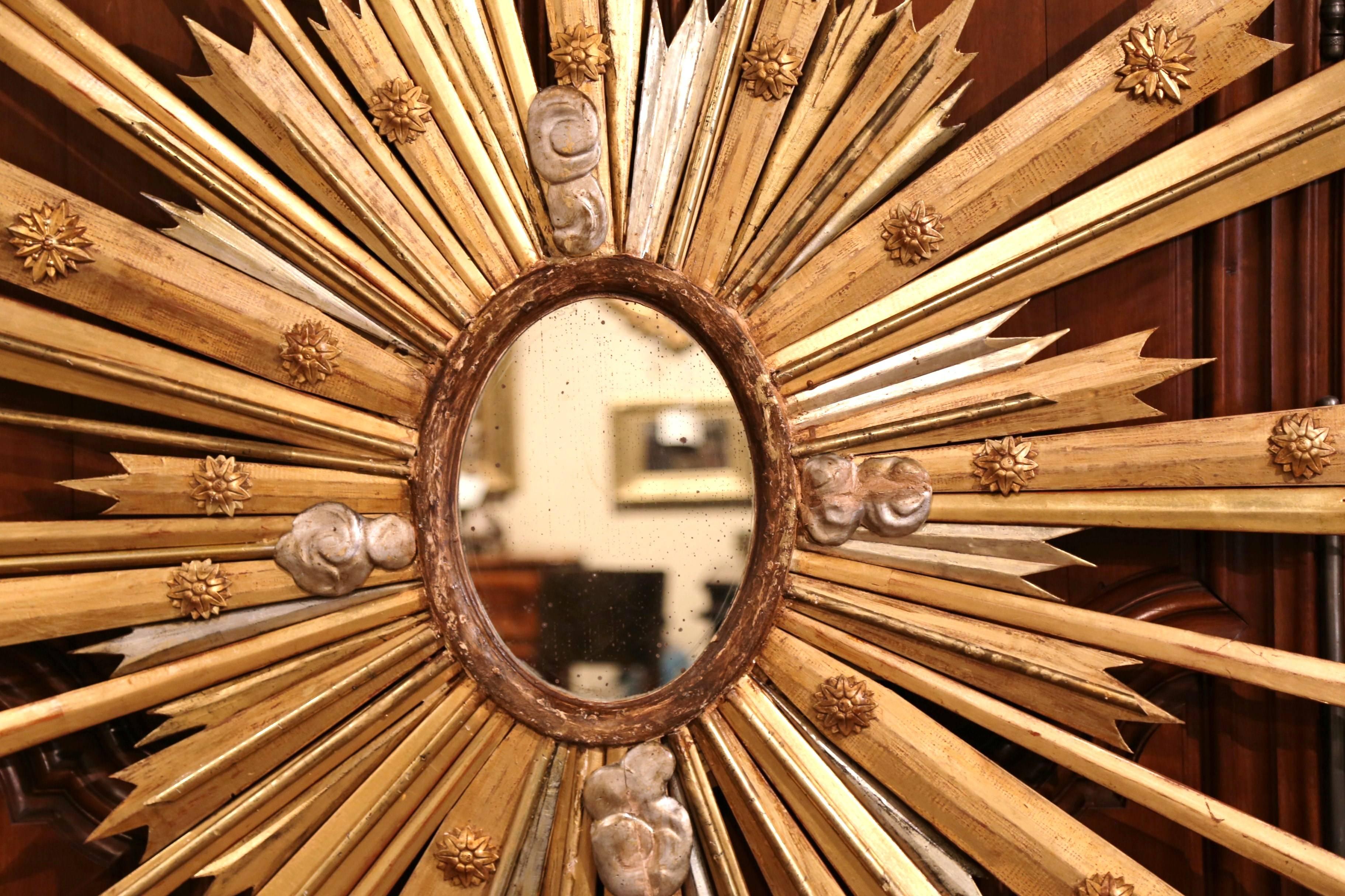 Hand-Carved Monumental 19th Century French Carved Gilt Wood and Silvered Sunburst Mirror