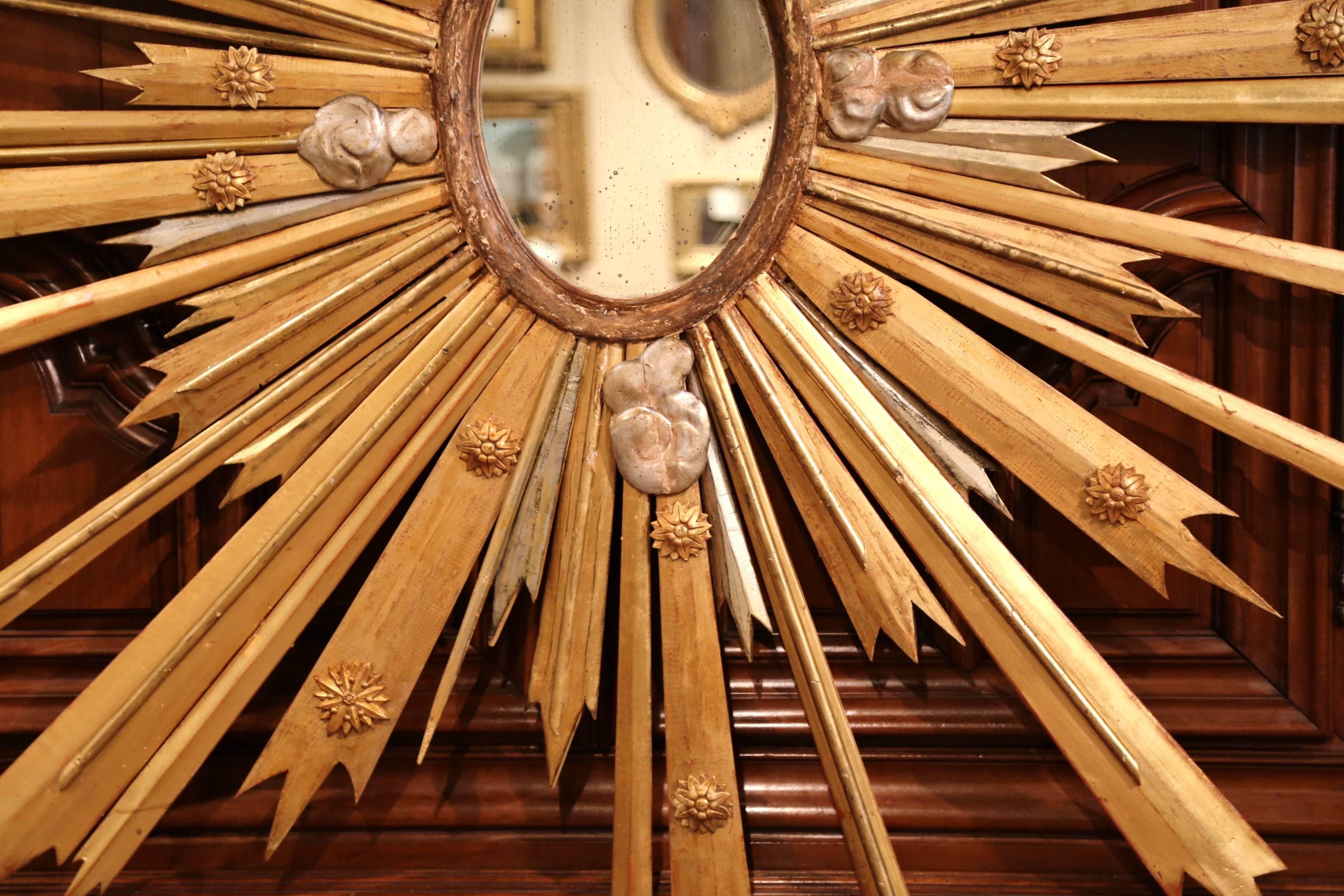 Mercury Glass Monumental 19th Century French Carved Gilt Wood and Silvered Sunburst Mirror