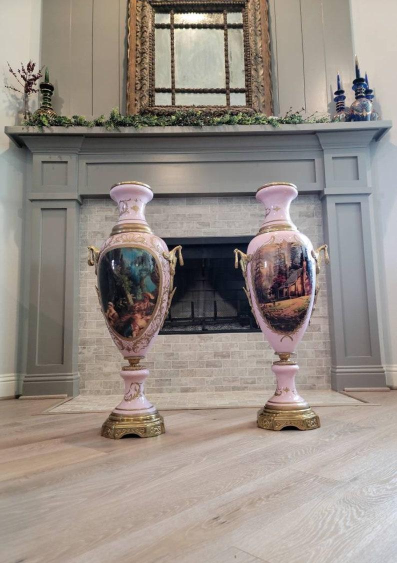 Gilt Monumental 19th Century French Empire Sèvres Style Porcelain Urns, a Pair For Sale