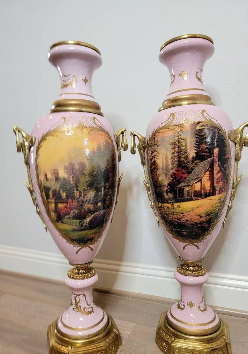 Brass Monumental 19th Century French Empire Sèvres Style Porcelain Urns, a Pair For Sale