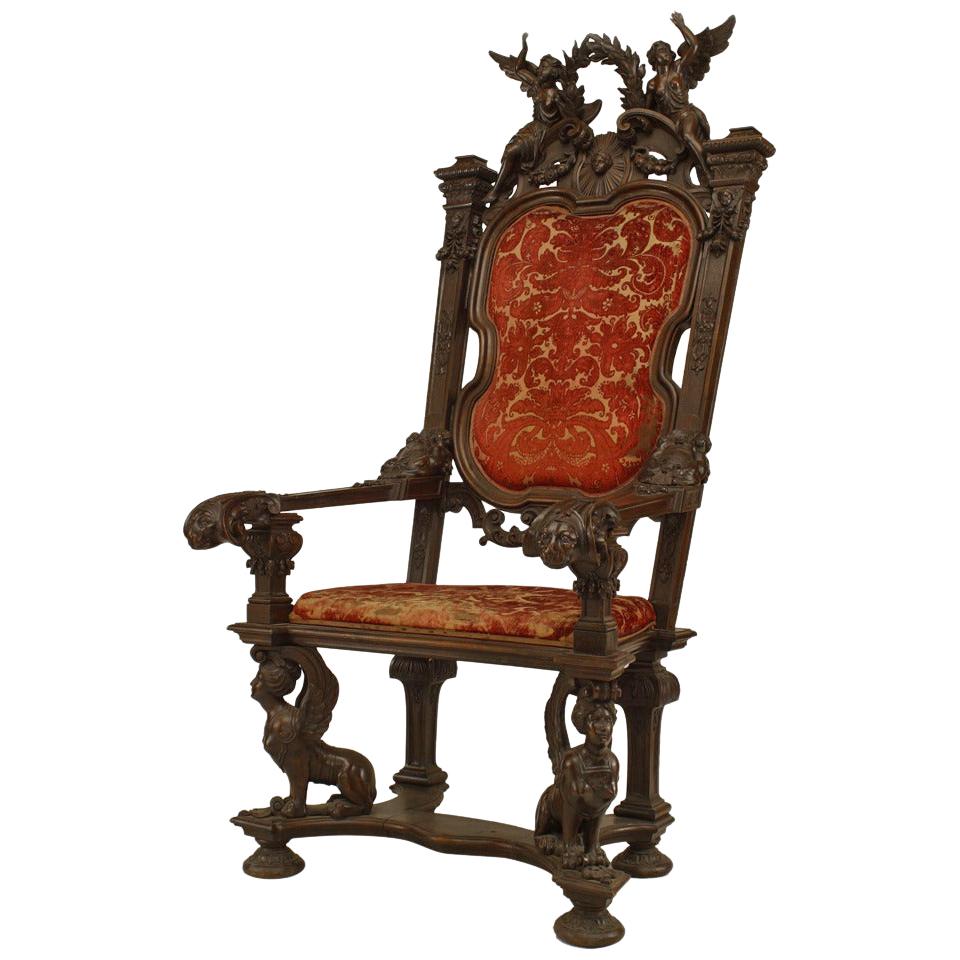 French Empire Monumental Walnut and Velvet Throne Chair For Sale