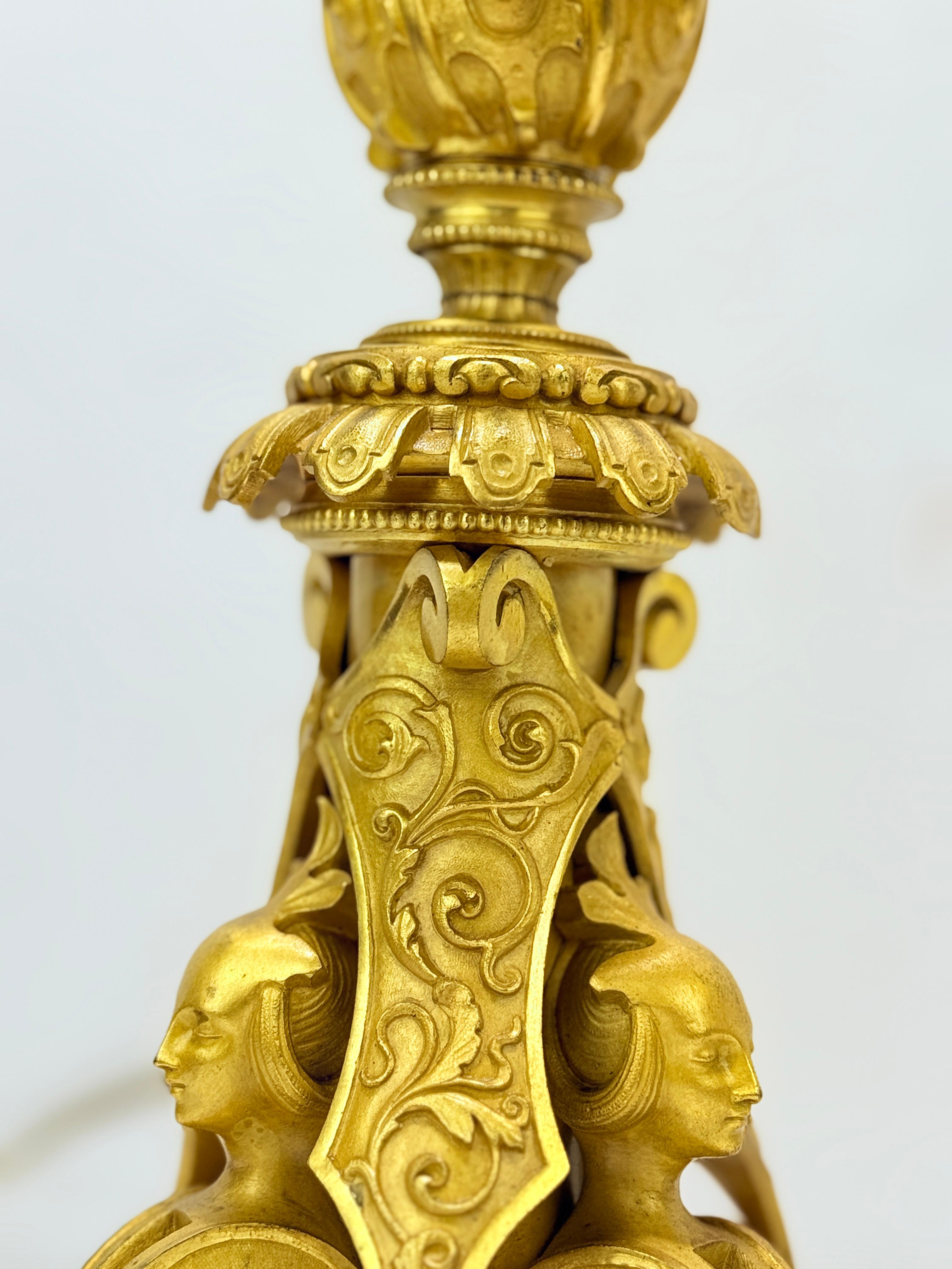 Monumental 19th Century French Gilt Bronze Egyptian Revival Candleabrum - Wired For Sale 2