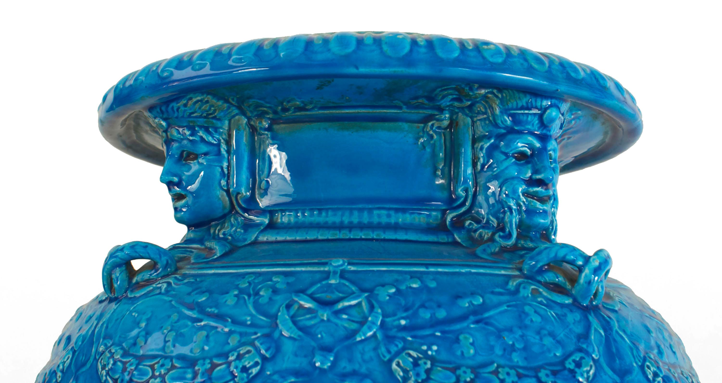 Glazed French Victorian Turquoise Sevres Cheret Urn For Sale