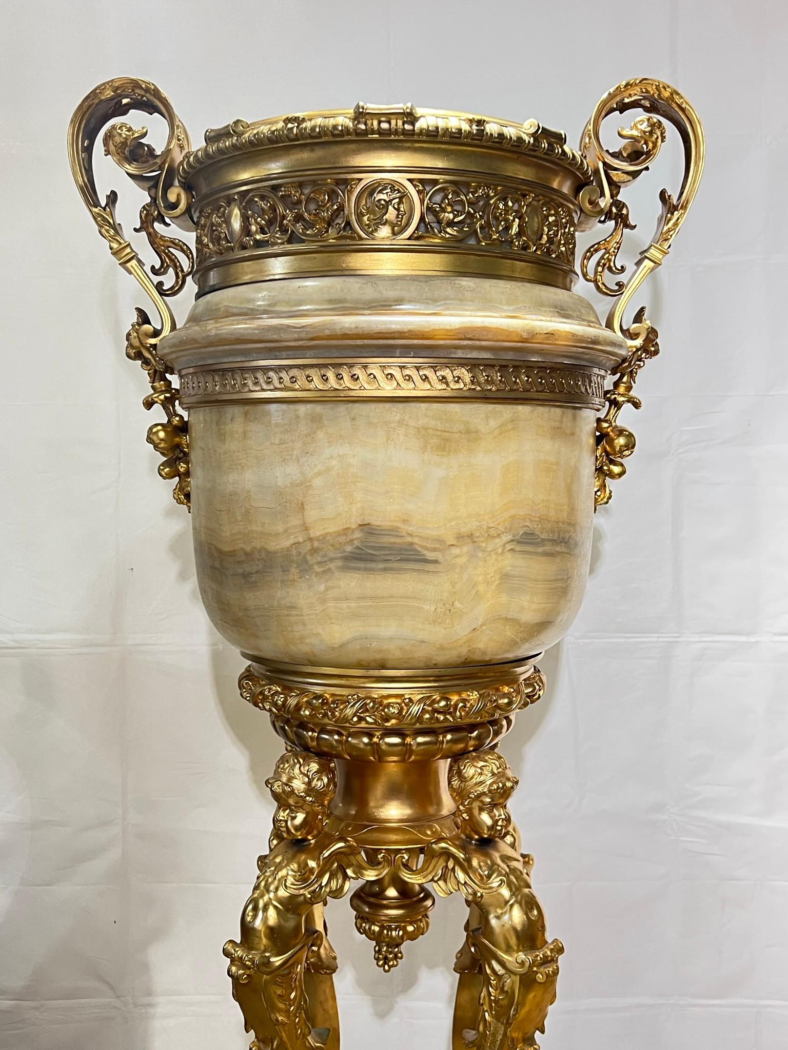 Neoclassical Revival Monumental 19th Century French Neoclassical Onyx and Gilt Bronze Vase For Sale