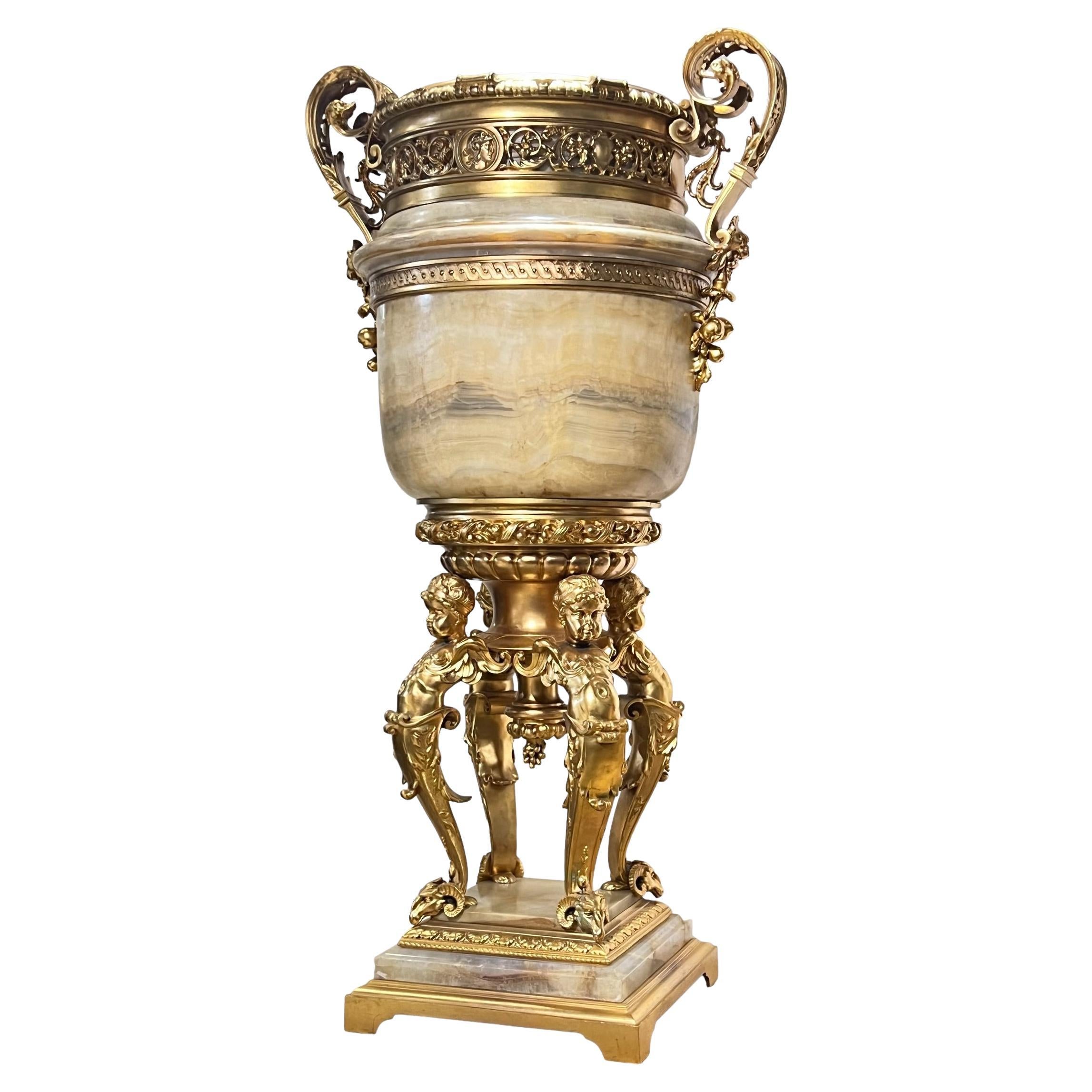 Monumental 19th Century French Neoclassical Onyx and Gilt Bronze Vase For Sale