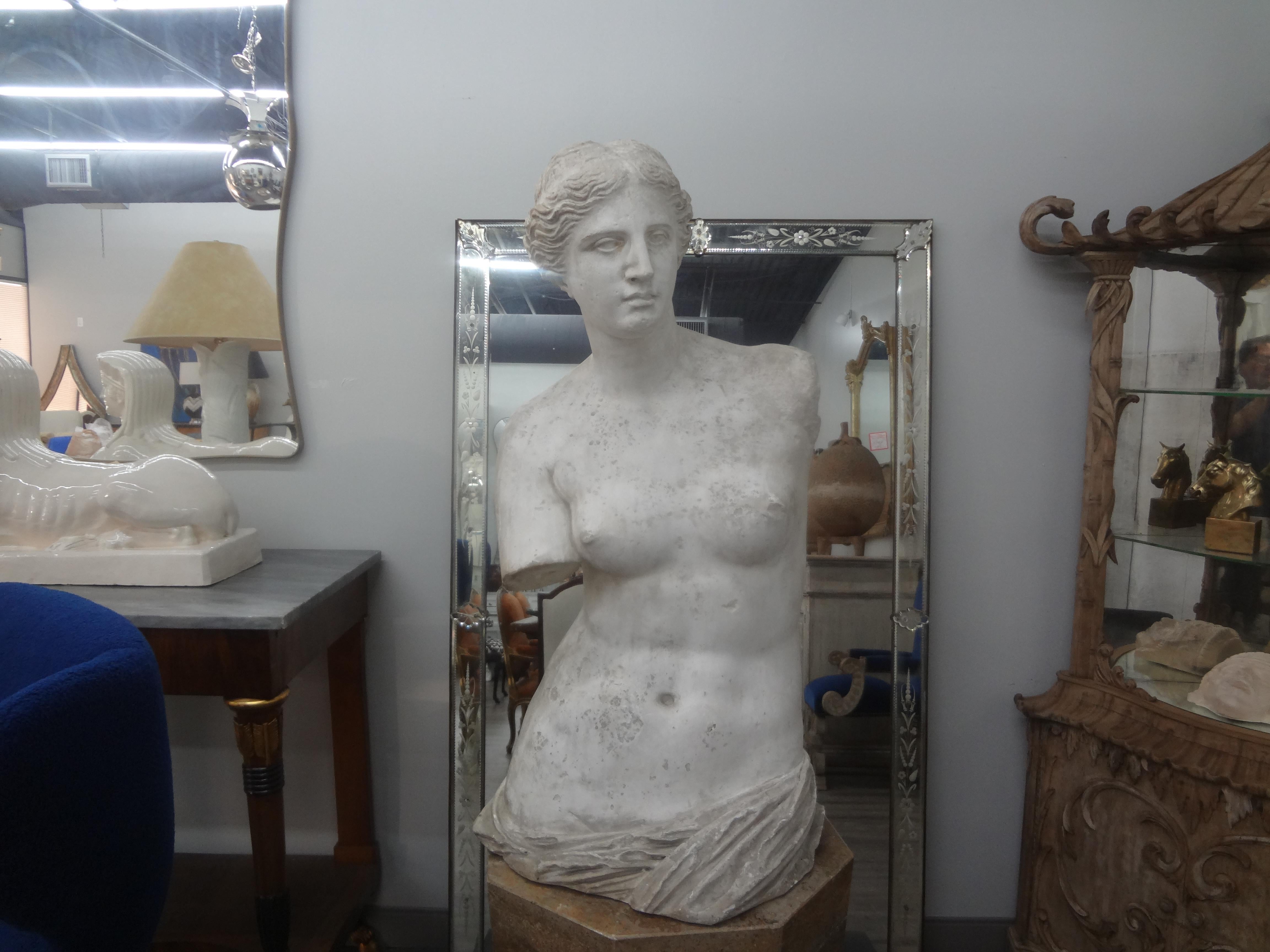 Monumental 19th century French plaster Torso of Venus.
This stunning large scale late 19th century French plaster torso sculpture of Venus is well executed with beautiful features.
Lovely on a pedestal, center table or dining table
Magnificent!