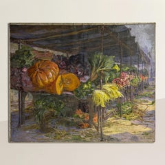 Peinture à l'huile monumentale représentant un marché de produits agricoles français du XIXe siècle, réalisée par Camille Olivier