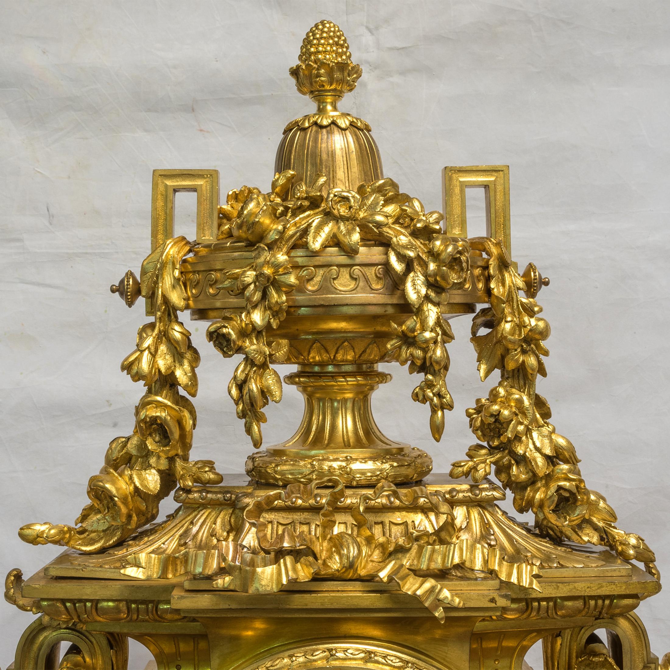 Monumental 19th Century French Three-Piece Ormolu Clock Garniture In Good Condition For Sale In New York, NY