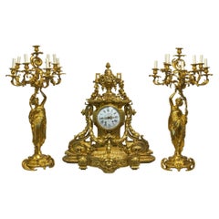 Antique Monumental 19th Century French Three-Piece Ormolu Clock Garniture