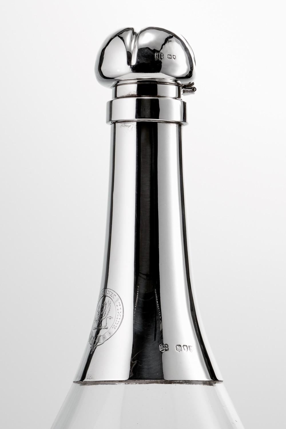 British Antique 19th Century Glass and Sterling Silver Large Champagne Bottle, 1892 For Sale